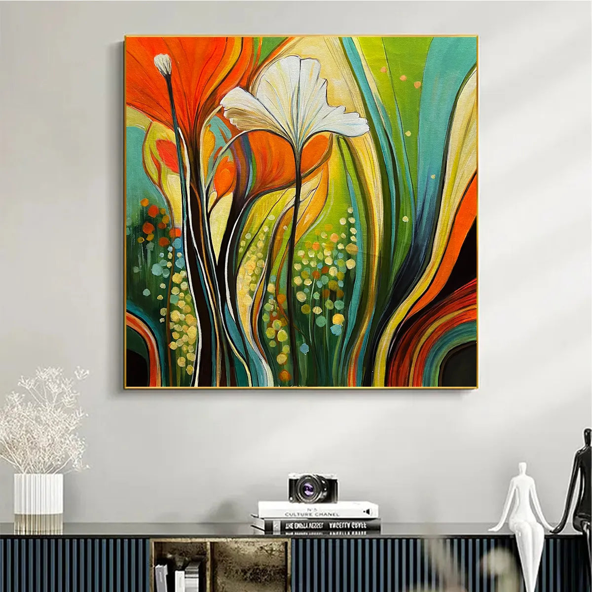 Vivid Rhythm – Hand-Painted Multicolored Floral Vines Abstract Painting | Vibrant Botanical Living Room & Dining Room Art