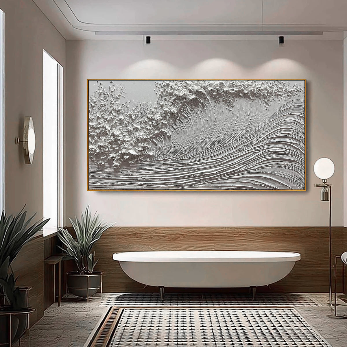 The Silent Swell – All White Minimalist Textured Ocean Wave Art | Wabi-Sabi Heavy Impasto Home Office Art