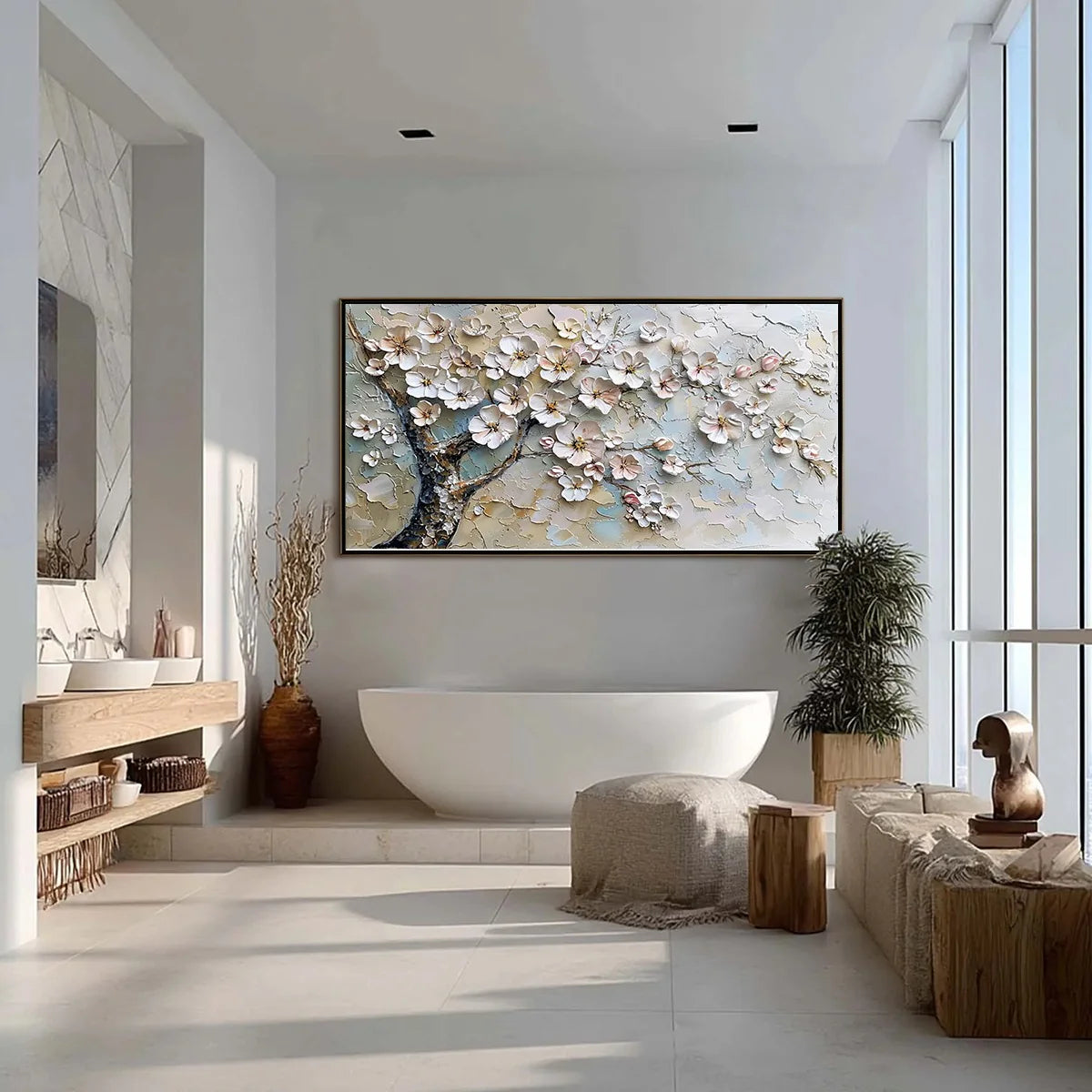 ALABASTER BLOOM: Floral Wall Art, Hand-Painted White Blossom 3D Relief Palette Knife Heavy Texture Canvas Painting