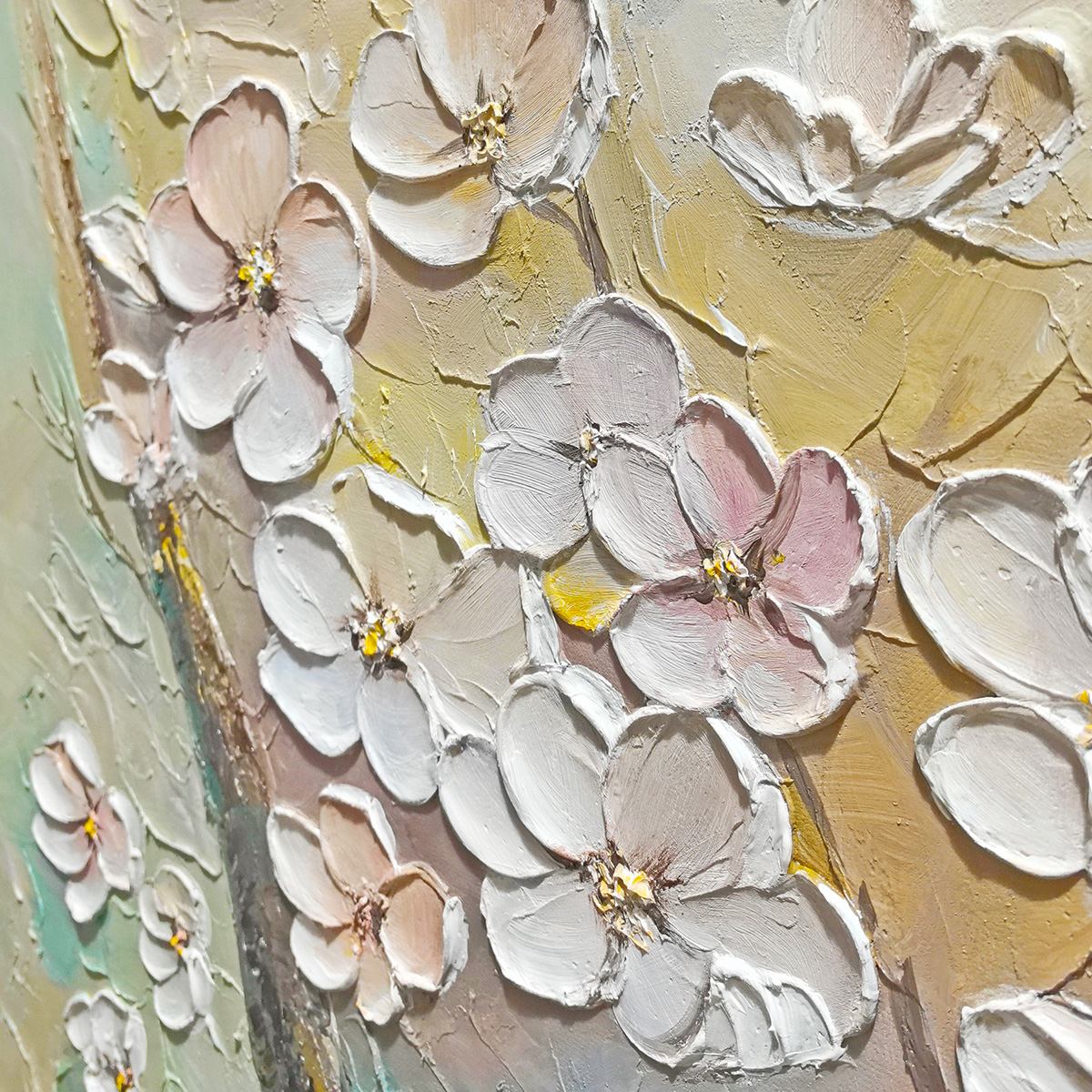 ALABASTER BLOOM: Floral Wall Art, Hand-Painted White Blossom 3D Relief Palette Knife Heavy Texture Canvas Painting
