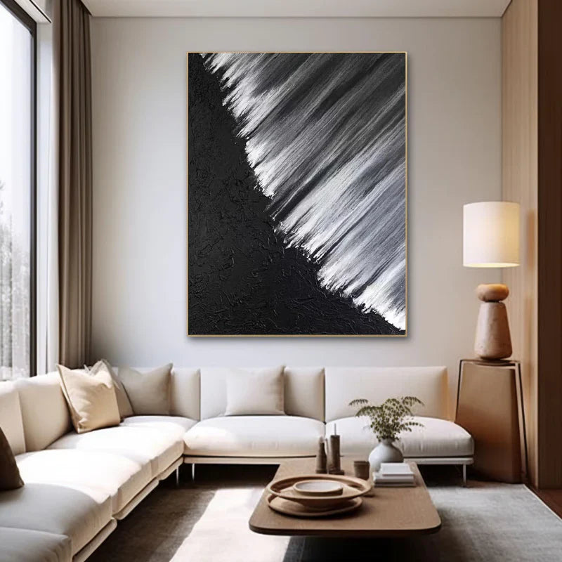 METALLIC SWEEP: Minimalist Wall Art, Hand-Painted Black Plaster and Silver Brush Stroke 3D Heavy Texture Studio Art