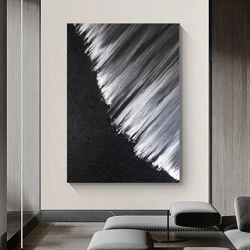 METALLIC SWEEP: Minimalist Wall Art, Hand-Painted Black Plaster and Silver Brush Stroke 3D Heavy Texture Studio Art