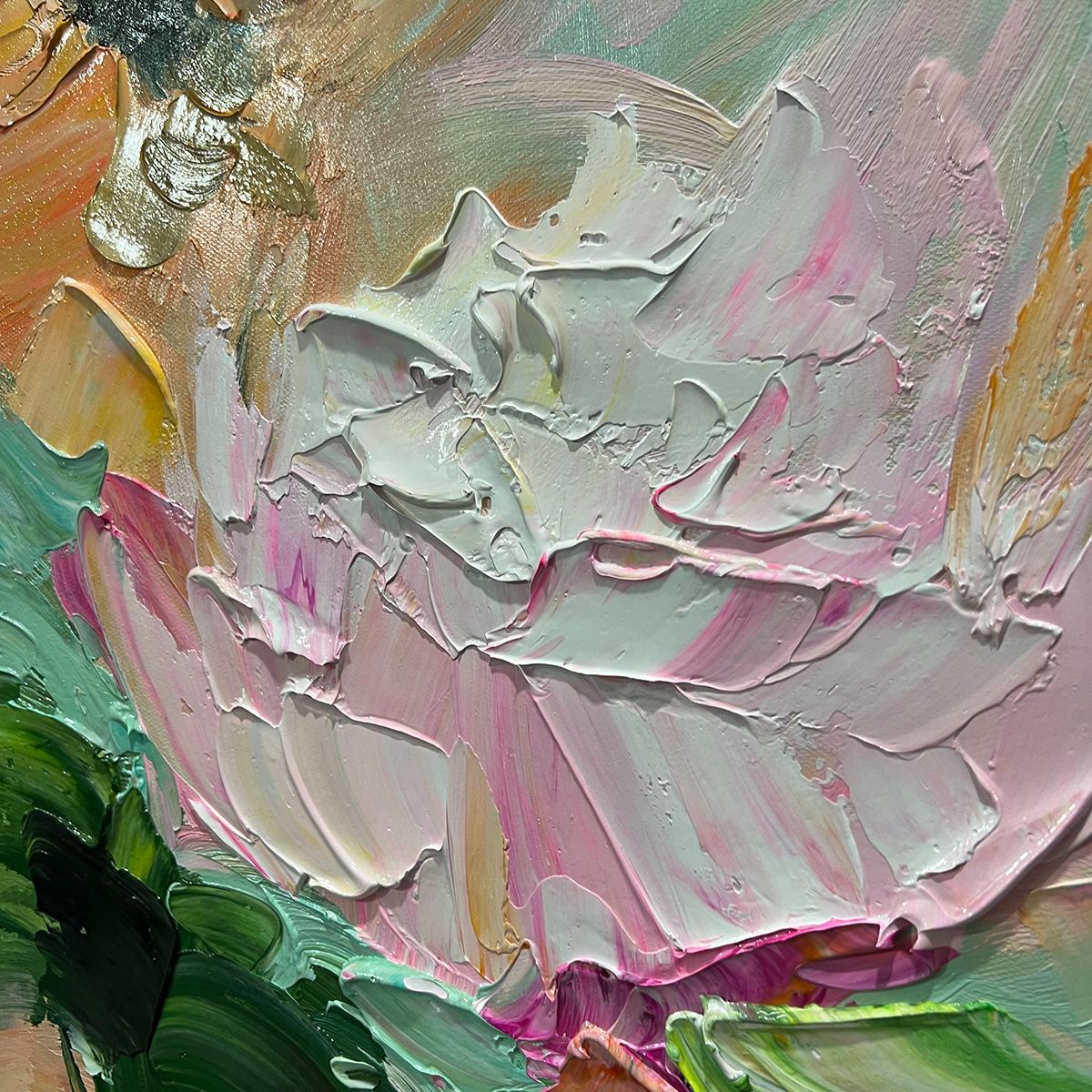 Pastel Whisper – Hand-Painted Impressionist Pink and Sage Green Palette Knife Floral Painting | Tropical Botanical Bedroom & Dining Room Art