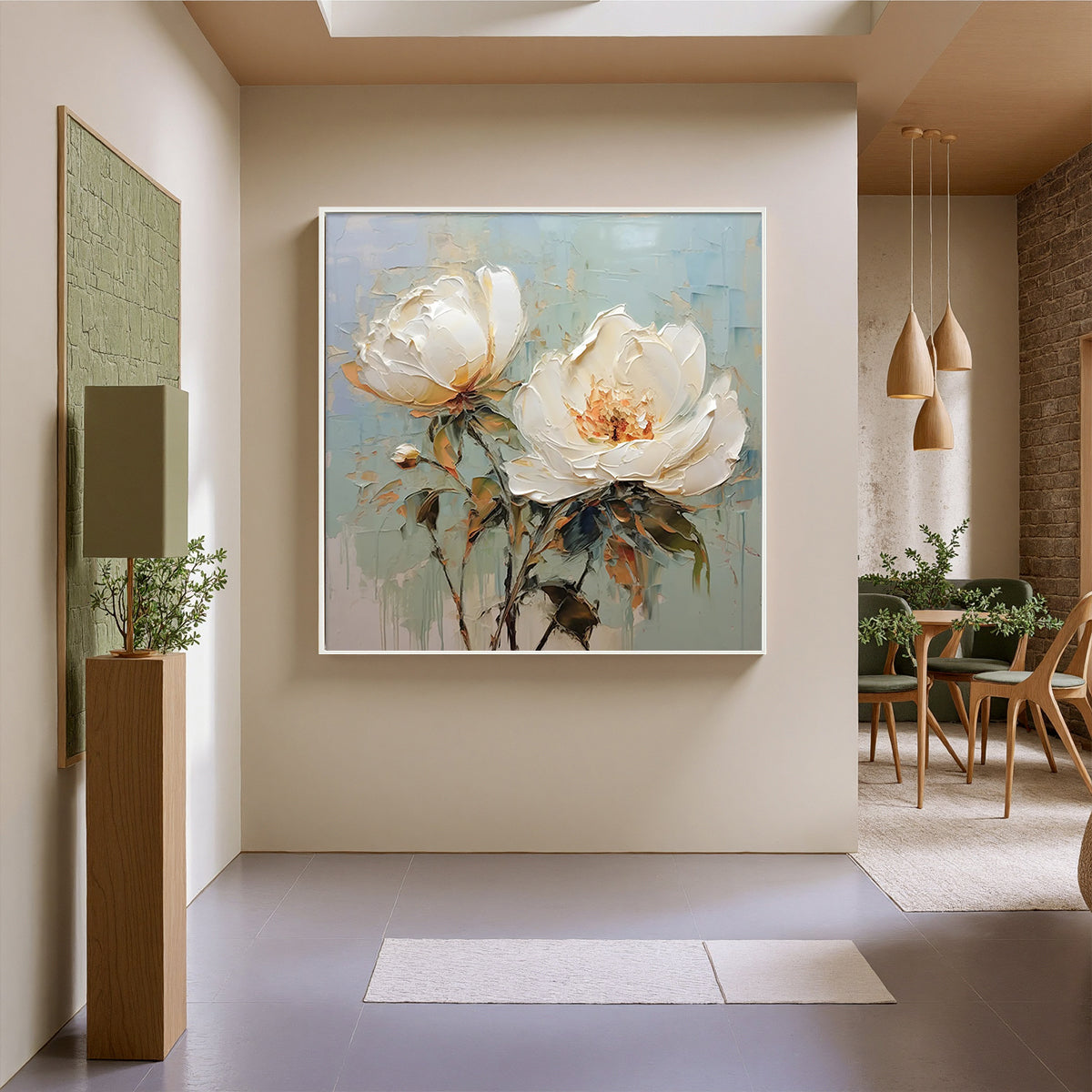 Ivory Duo – Modern Floral Palette Knife Texture Painting | Soft Organic Botanical Bedroom & Living Room Art