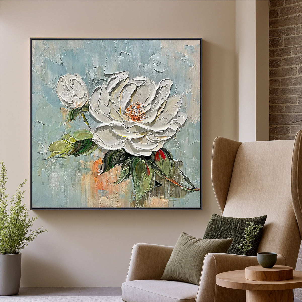 Blooming Muse – White Petal Relief Oil Texture Painting | Contemporary Botanical Bedroom & Living Room Art