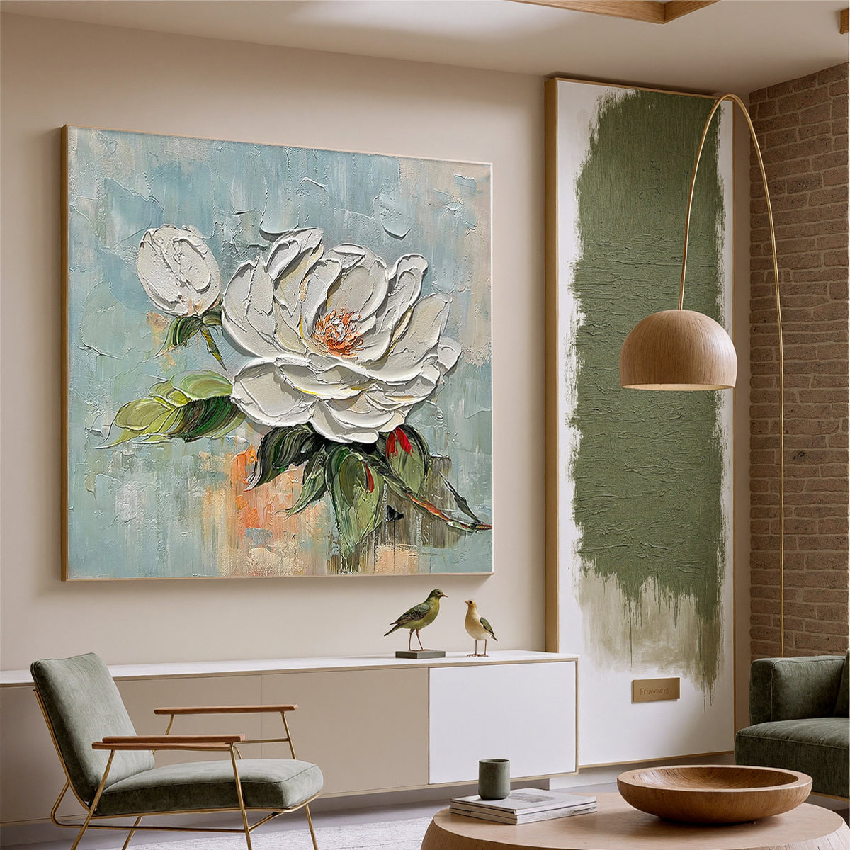 Blooming Muse – White Petal Relief Oil Texture Painting | Contemporary Botanical Bedroom & Living Room Art