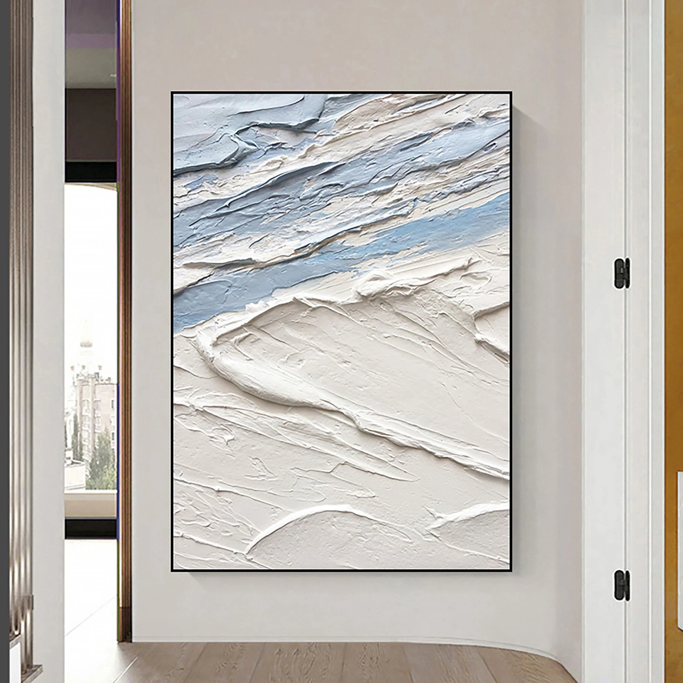 ARCTIC DRIFT: Texture Wall Art, Hand-Painted White and Icy Blue 3D Impasto Palette Knife Heavy Texture Canvas Painting