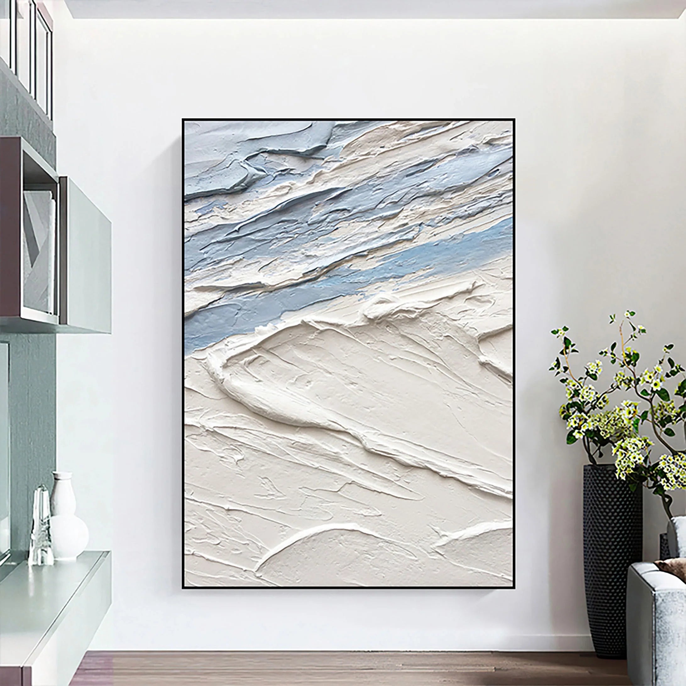 ARCTIC DRIFT: Texture Wall Art, Hand-Painted White and Icy Blue 3D Impasto Palette Knife Heavy Texture Canvas Painting