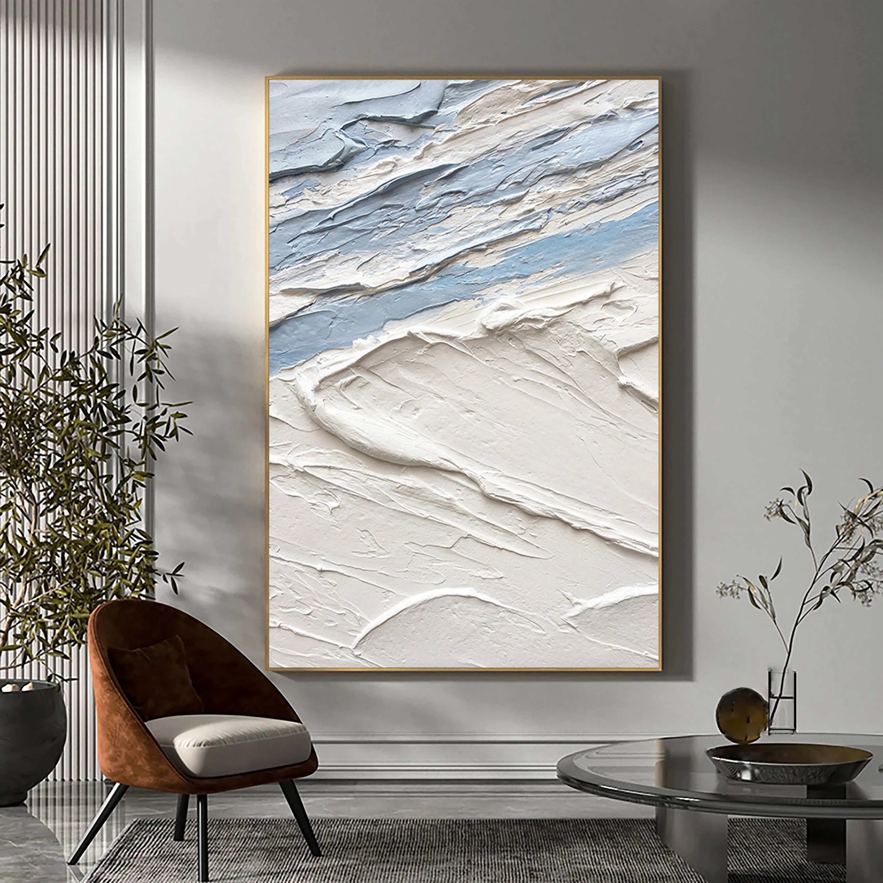 ARCTIC DRIFT: Texture Wall Art, Hand-Painted White and Icy Blue 3D Impasto Palette Knife Heavy Texture Canvas Painting