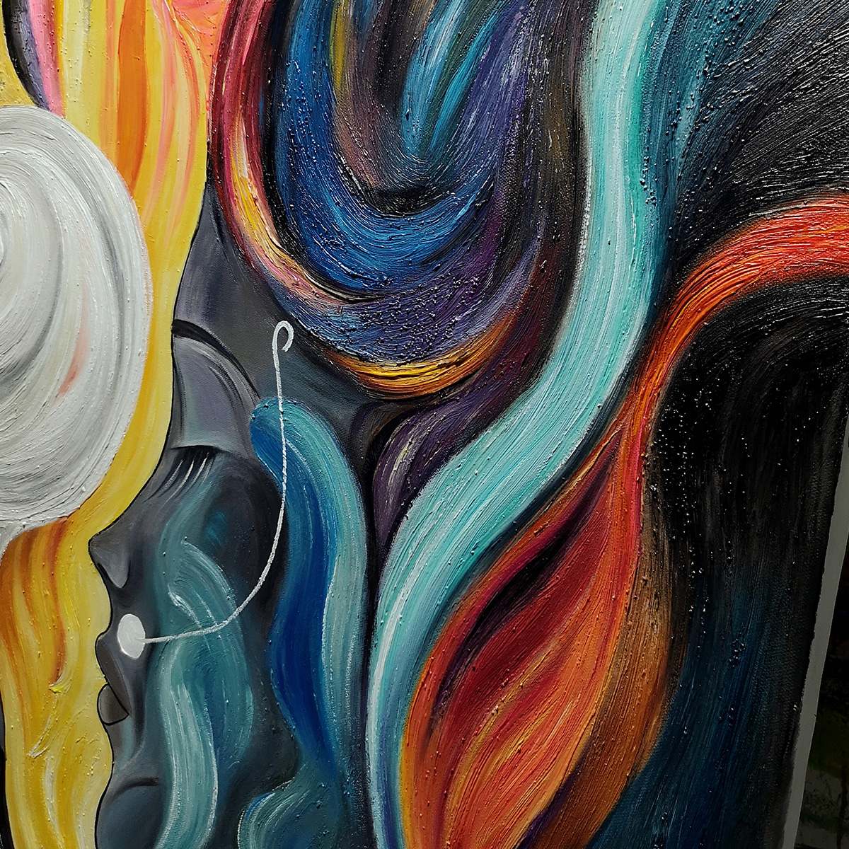 Mystic Faces – Hand-Painted Multicolored Surrealist Face Profile Portrait Painting | Bold Expressionist Living Room & Dining Room Art