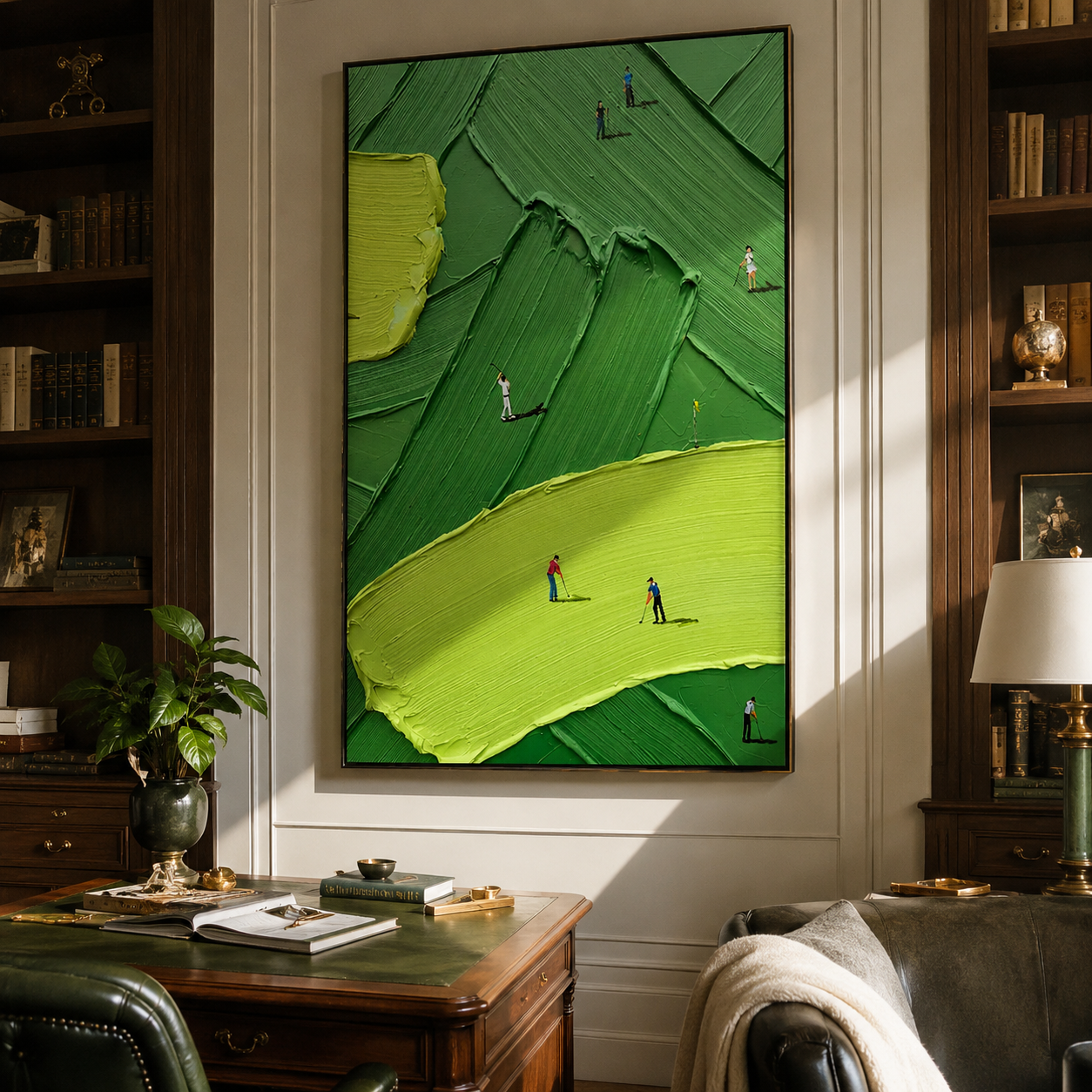 The Fairway Pursuit – Modern Impasto Golfing Painting | Creative Green Texture Sports Office Decor