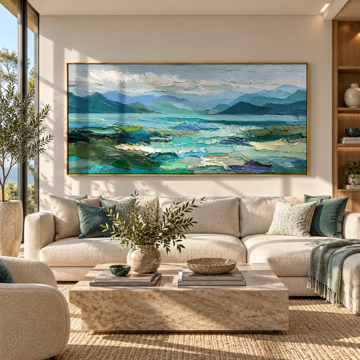 Blue Valley Opens Wide – Turquoise Mountain Landscape Painting | Modern Horizontal Wall Art