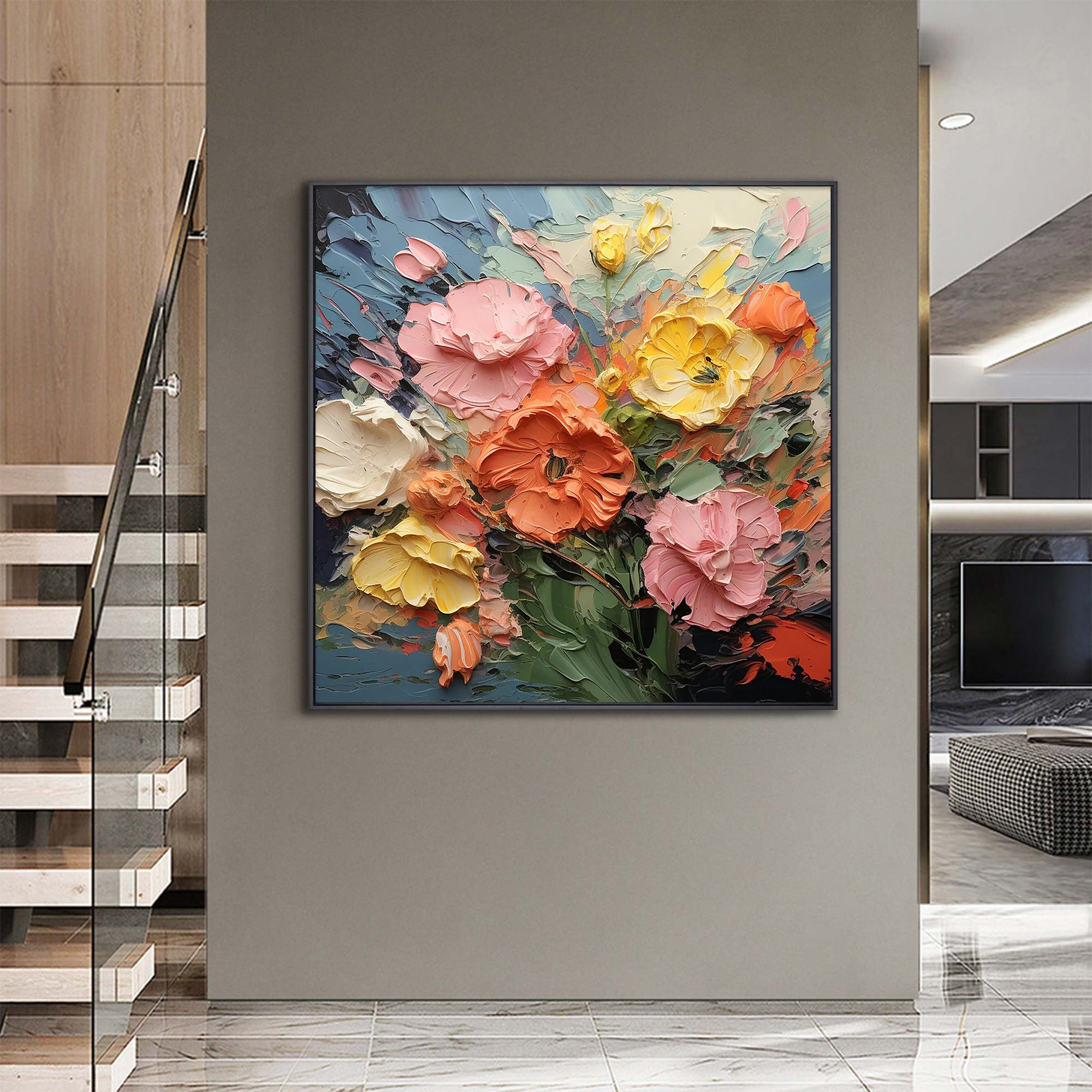 Vibrant Bloom – Hand-Painted Multicolored Yellow and Orange Heavy Texture Palette Knife Floral Painting | Vibrant Botanical Living Room & Dining Room Art
