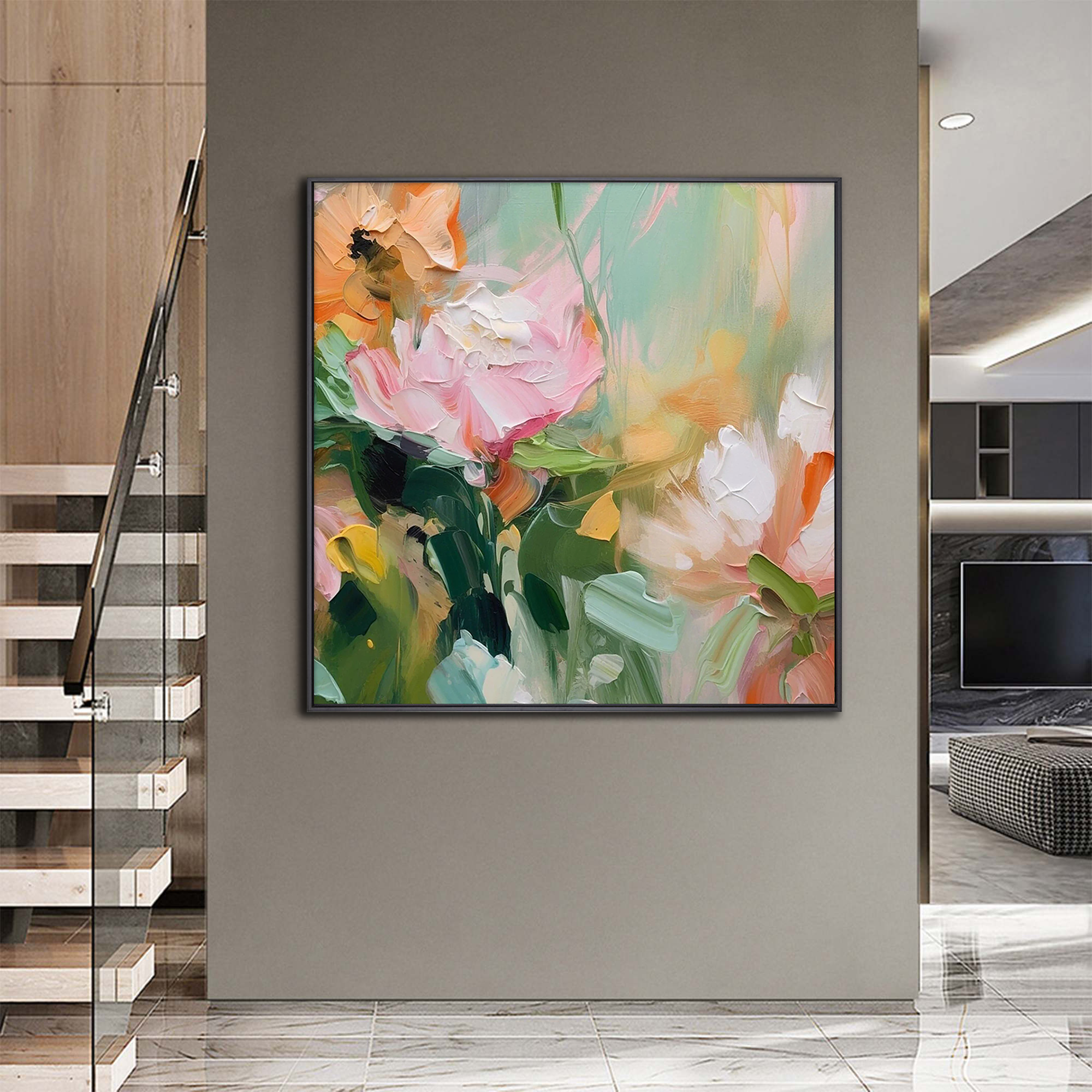 Pastel Whisper – Hand-Painted Impressionist Pink and Sage Green Palette Knife Floral Painting | Tropical Botanical Bedroom & Dining Room Art