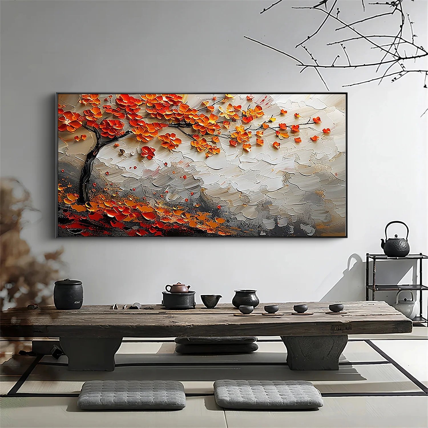 Autumn Anthem – Modern Orange and Crimson Blossom Tree Painting | Luxury Textured Living Room Art