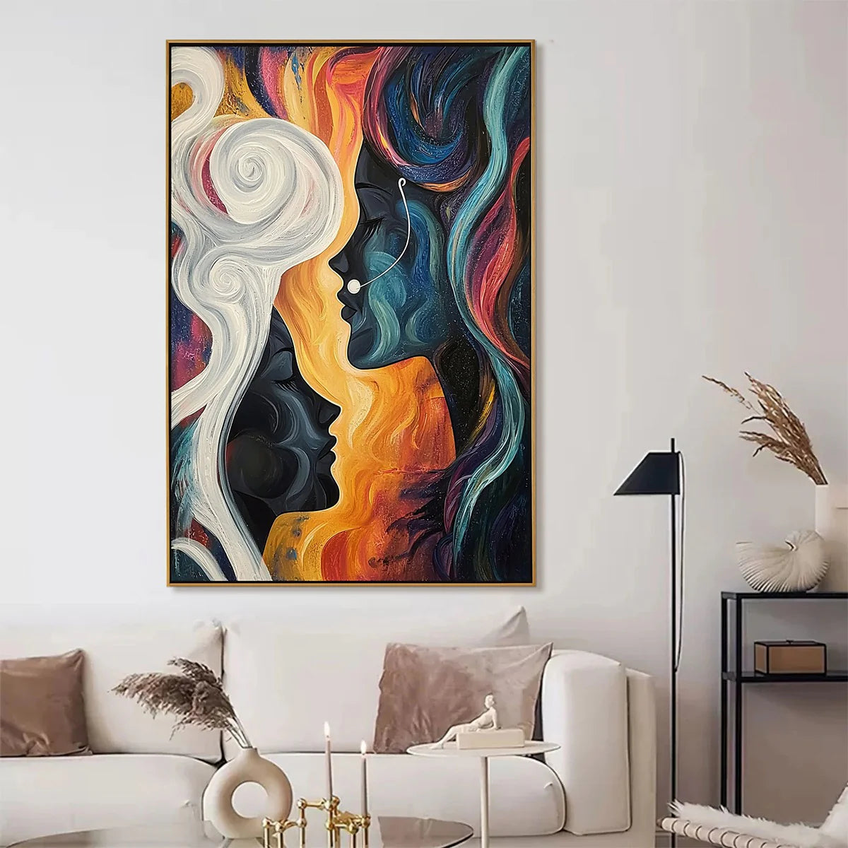 Mystic Faces – Hand-Painted Multicolored Surrealist Face Profile Portrait Painting | Bold Expressionist Living Room & Dining Room Art