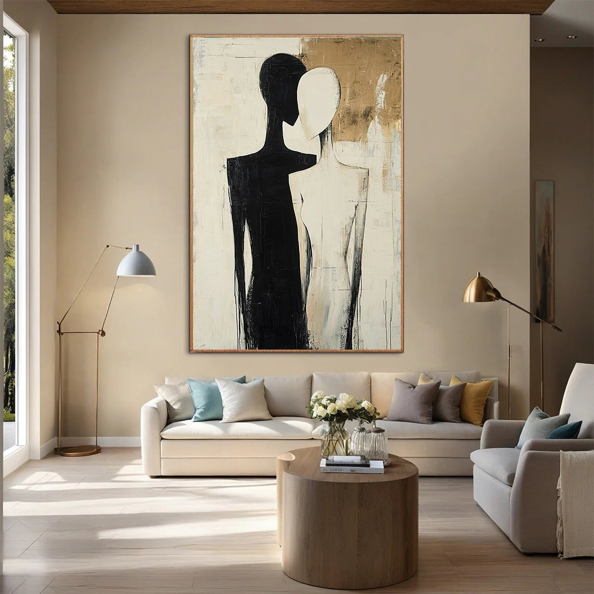 Silhouette Souls – Hand-Painted Black and Beige Abstract Couple Figure Portrait Painting | Contemporary Expressionist Living Room & Office Art