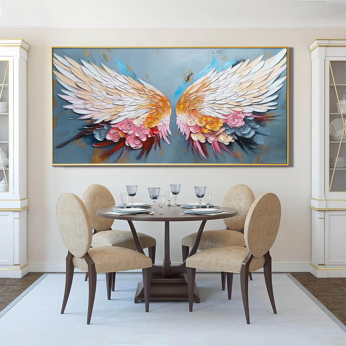 Celestial Wings – Hand-Painted Floral Palette Knife 3D Angel Painting | Contemporary Botanical Bedroom & Living Room Art