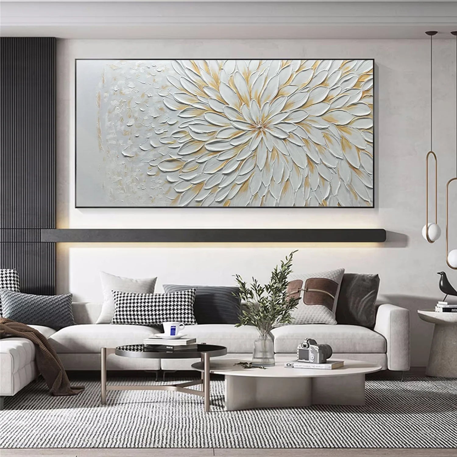 Eternal Radiance – 3D Impasto White Sunburst Heavy Texture Hand-Painted Floral Painting | Contemporary Botanical Bedroom & Living Room Art