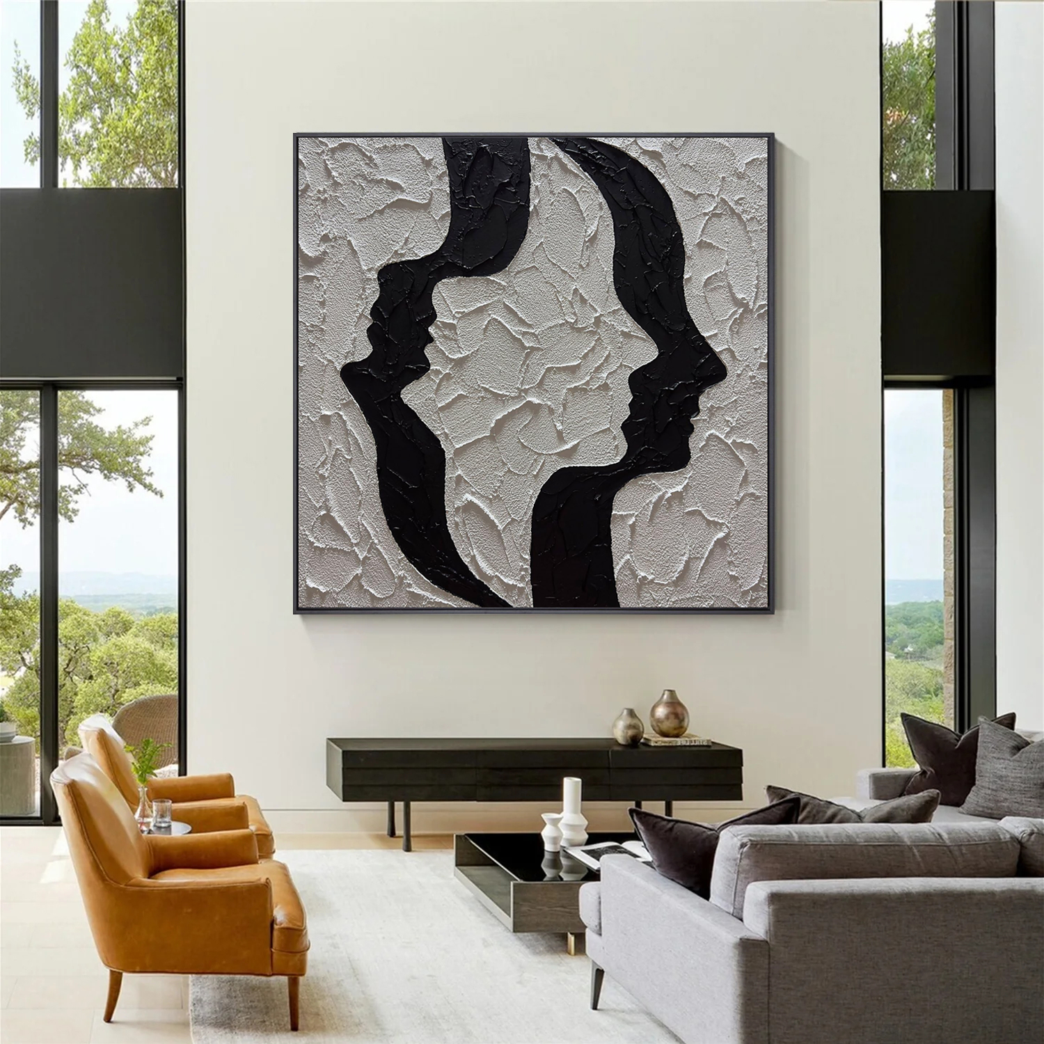 TWIN SOULS: Abstract Wall Art, Hand-Painted Black and White Face Silhouette 3D Plaster Effect Heavy Texture Canvas Painting