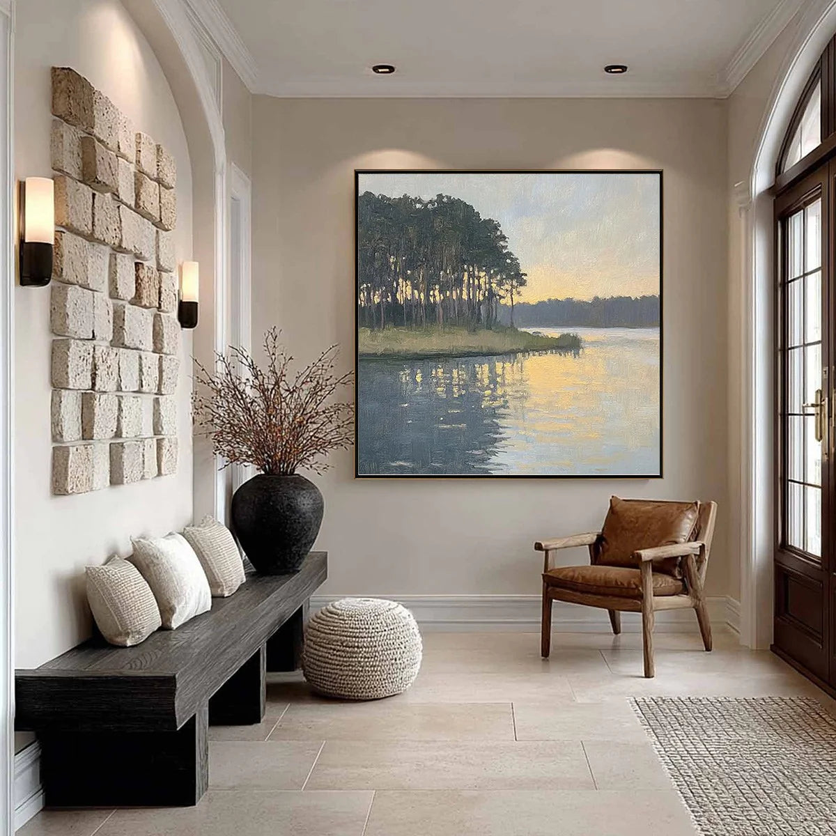 Shattered Gold in the Pines – Impressionist Lakeside Sunset Oil Painting | Serene Landscape Hallway Art