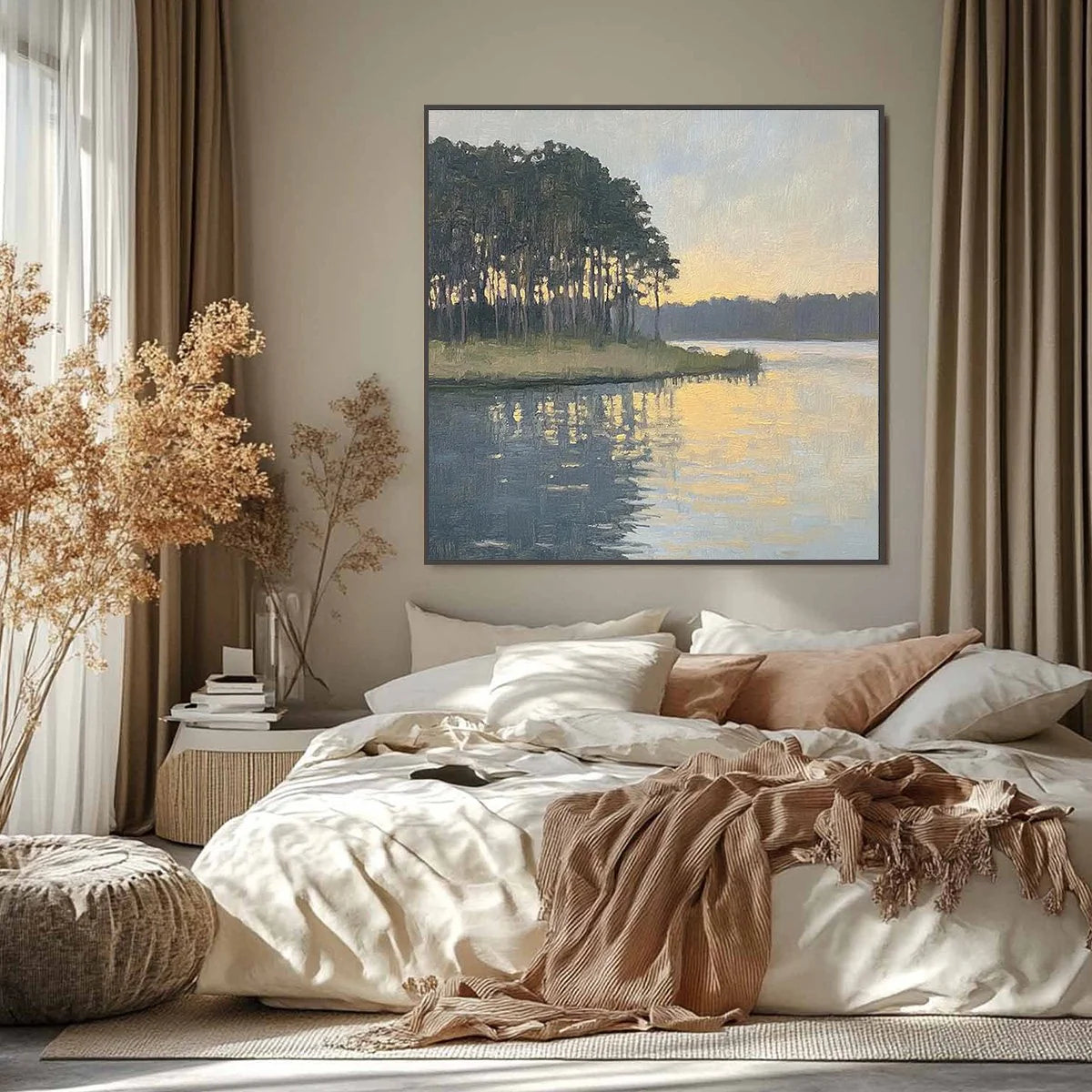 Shattered Gold in the Pines – Impressionist Lakeside Sunset Oil Painting | Serene Landscape Hallway Art