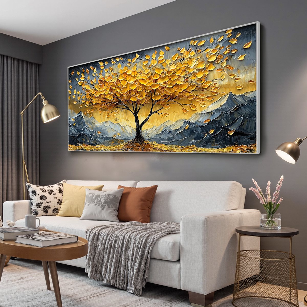 Summit of Gold – Modern Luxury Mountain Tree Oil Painting | Impasto Prosperity Living Room Art
