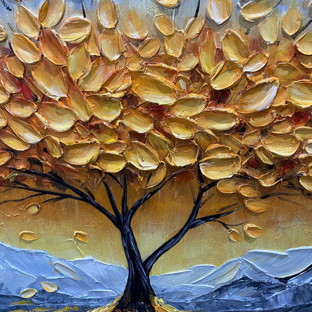 Summit of Gold – Modern Luxury Mountain Tree Oil Painting | Impasto Prosperity Living Room Art