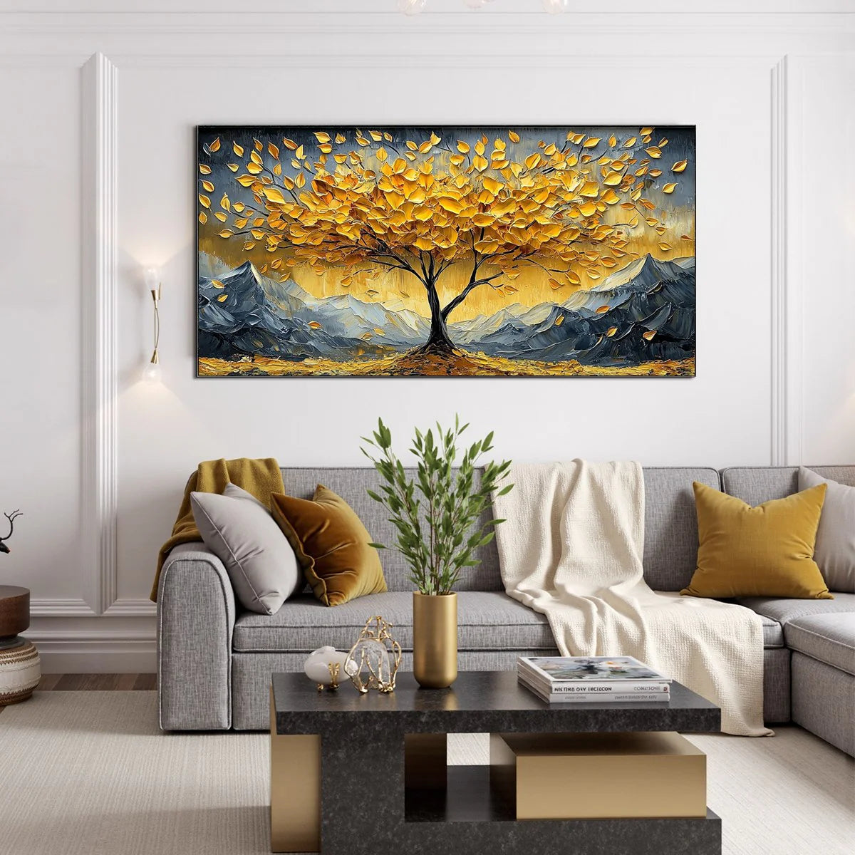 Summit of Gold – Modern Luxury Mountain Tree Oil Painting | Impasto Prosperity Living Room Art