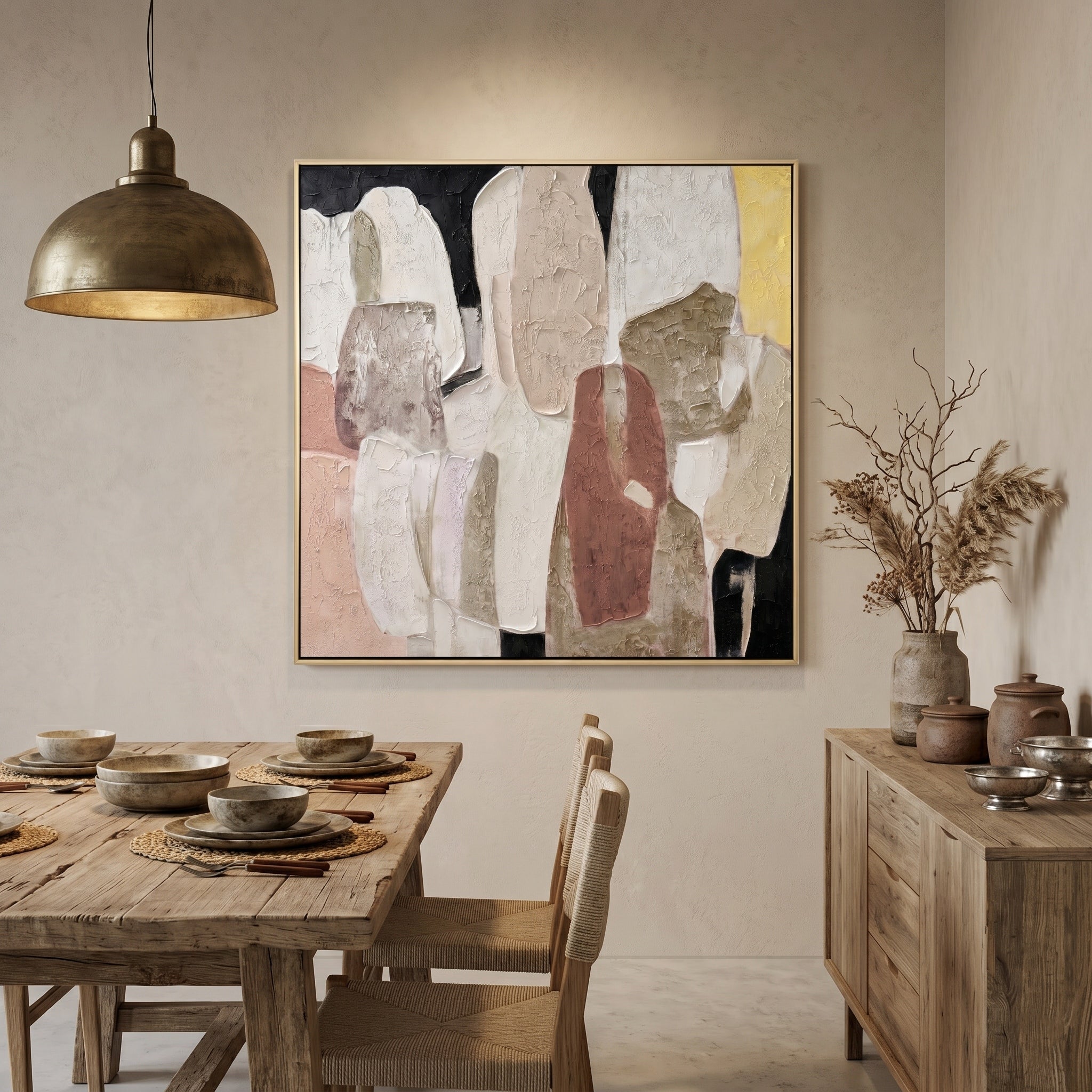 Earthy Poetics – Wabi-Sabi Terracotta and Black Plaster Texture Abstract Canvas | Minimalist Hallway Art