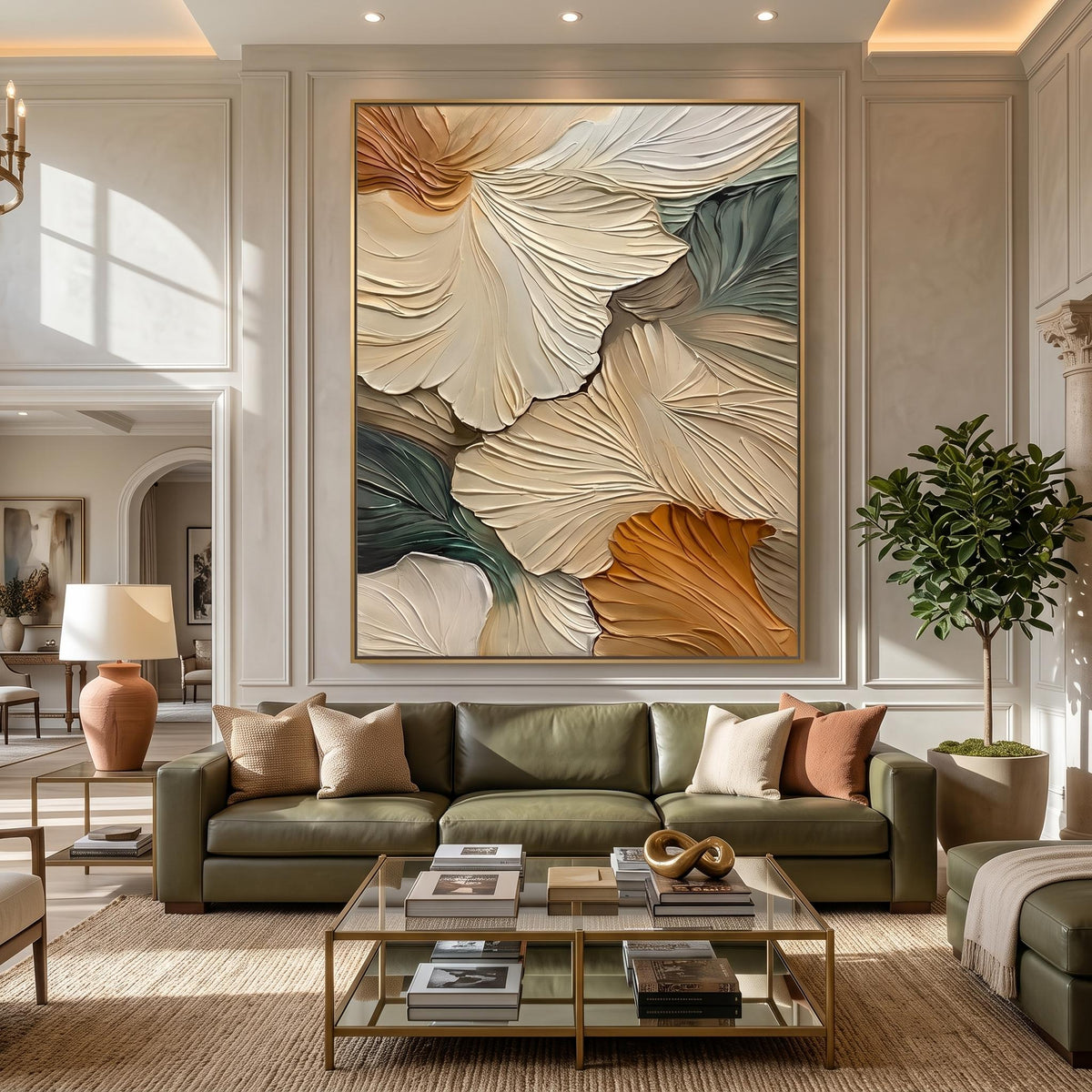 Ginkgo Leaves in Drift – Blue Gold Botanical Abstract Painting | Textured Vertical Wall Art