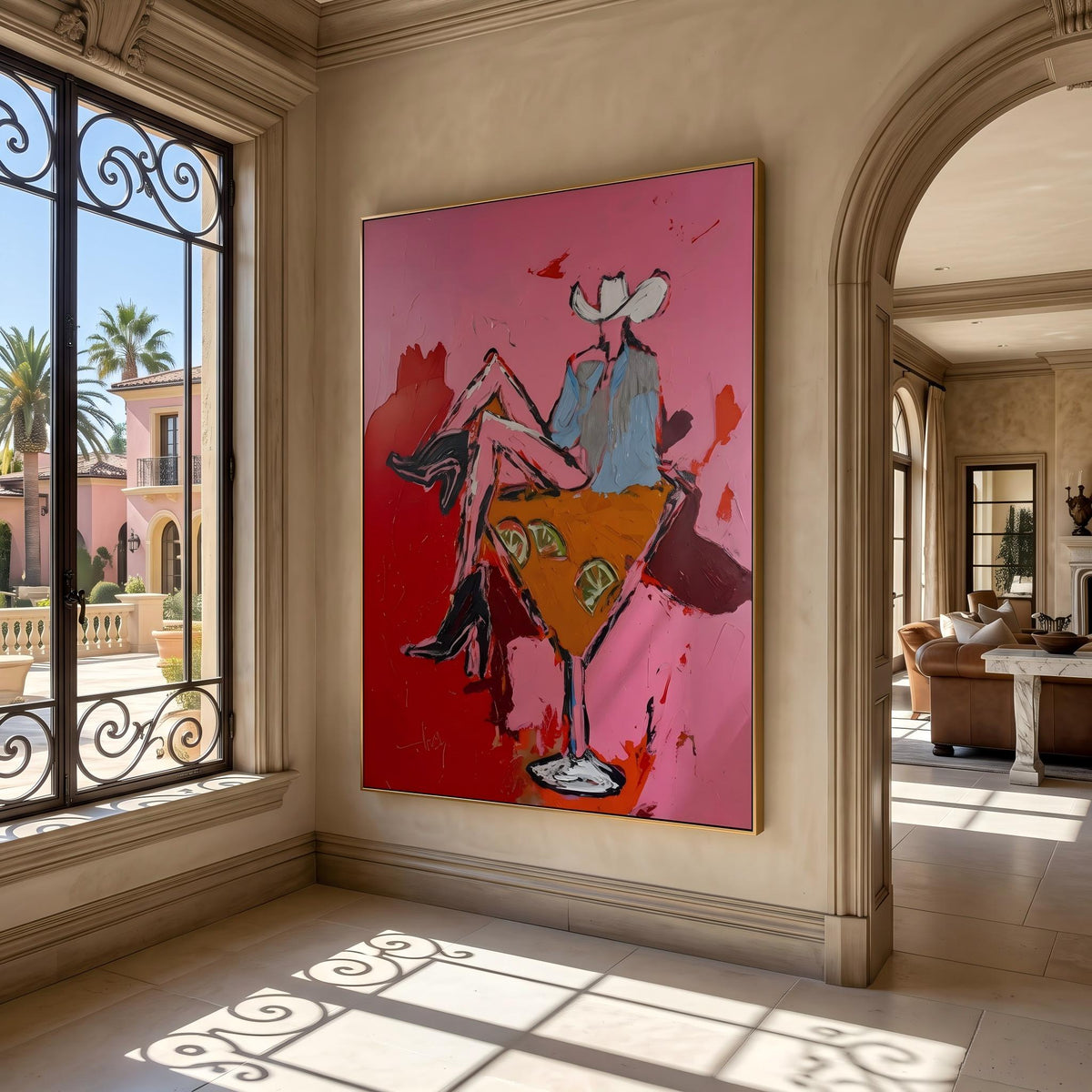 Two Cowgirls Leave Town – Pop Art Cowgirl Road Trip Painting | Pink Vertical Wall Art