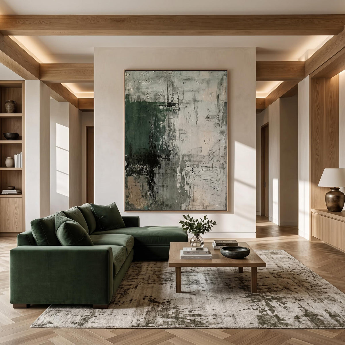 Forest Shadow Imprint – Dark Green Textured Abstract Painting | Contemporary Vertical Wall Art