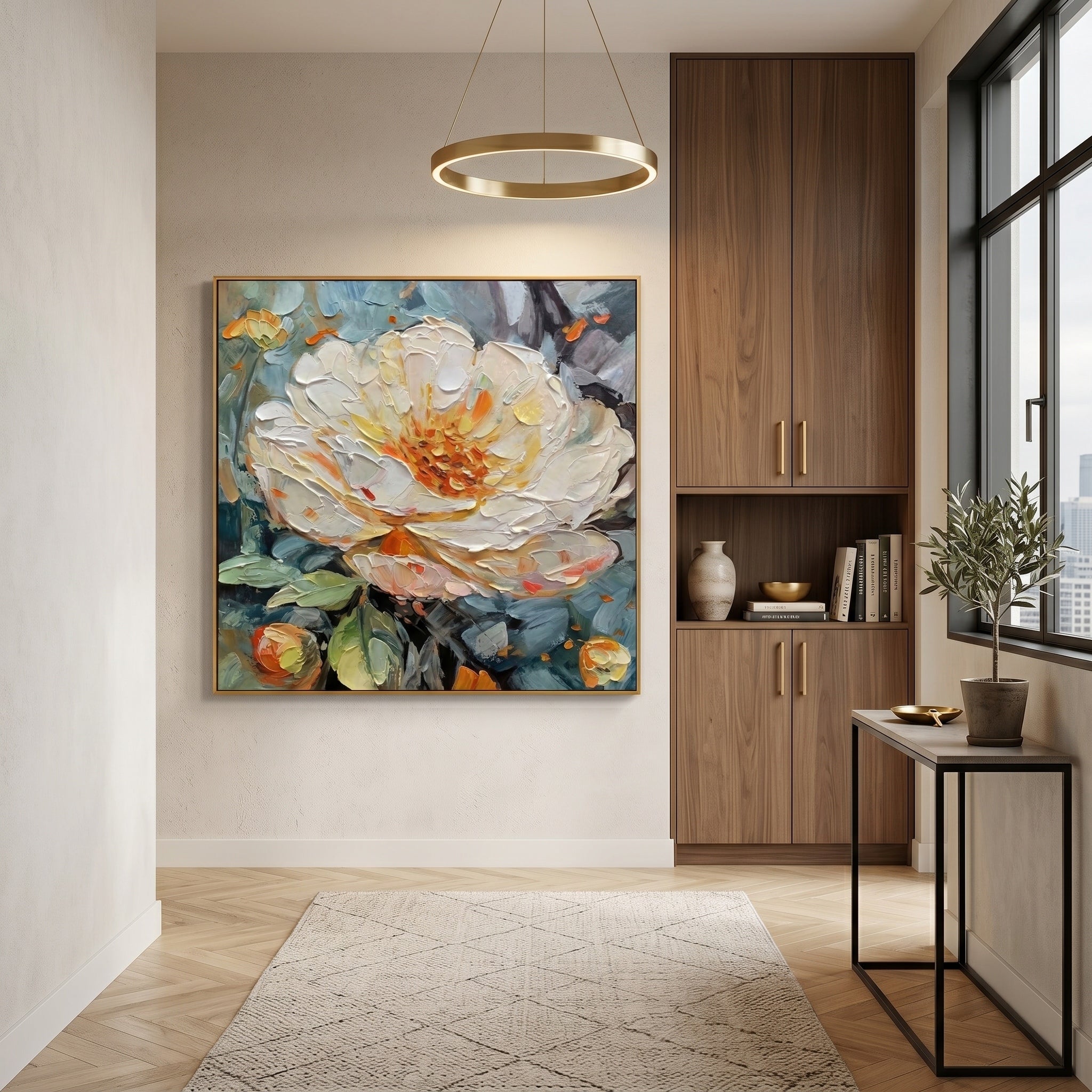 Midnight Bloom – Modern Impasto Slate Blue and White Peony Canvas | Retro-Elegant Bedroom Wall Decor