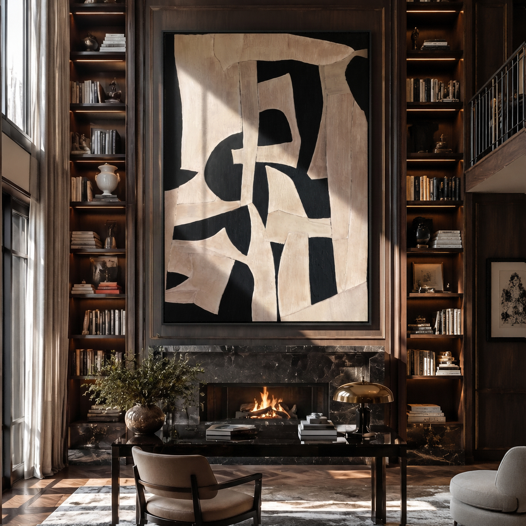 The Shifting Balance – Minimalist Black & Off-White Crackle Painting | High-End Abstract Hallway Art