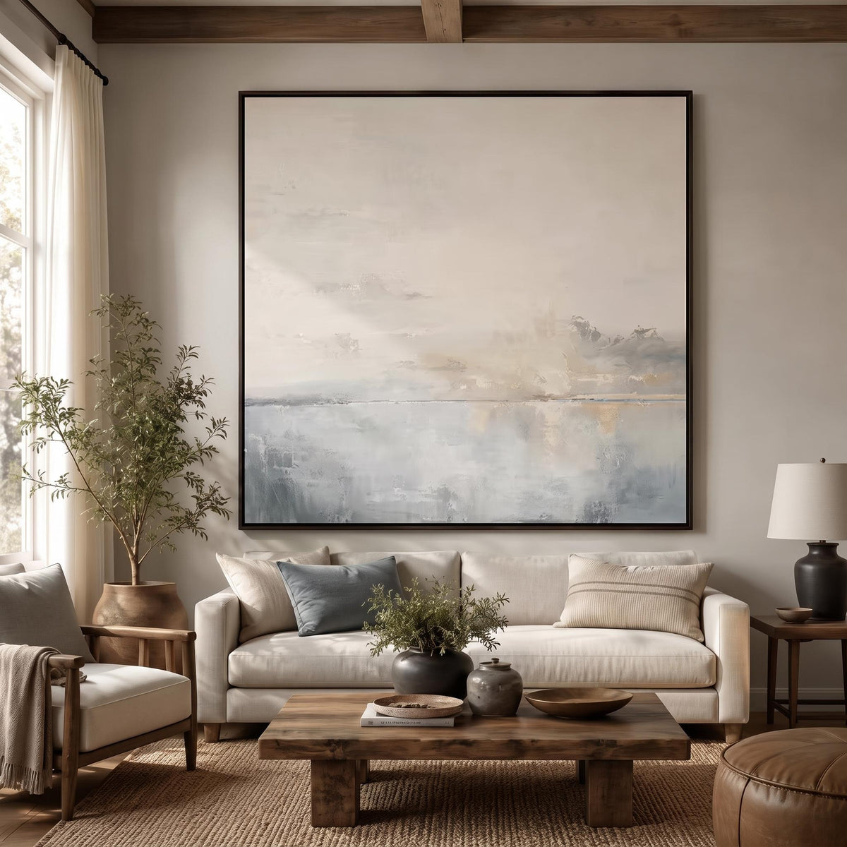 Horizon Fades to Pearl – Hazy Neutral Seascape Painting | Minimalist Square Wall Art