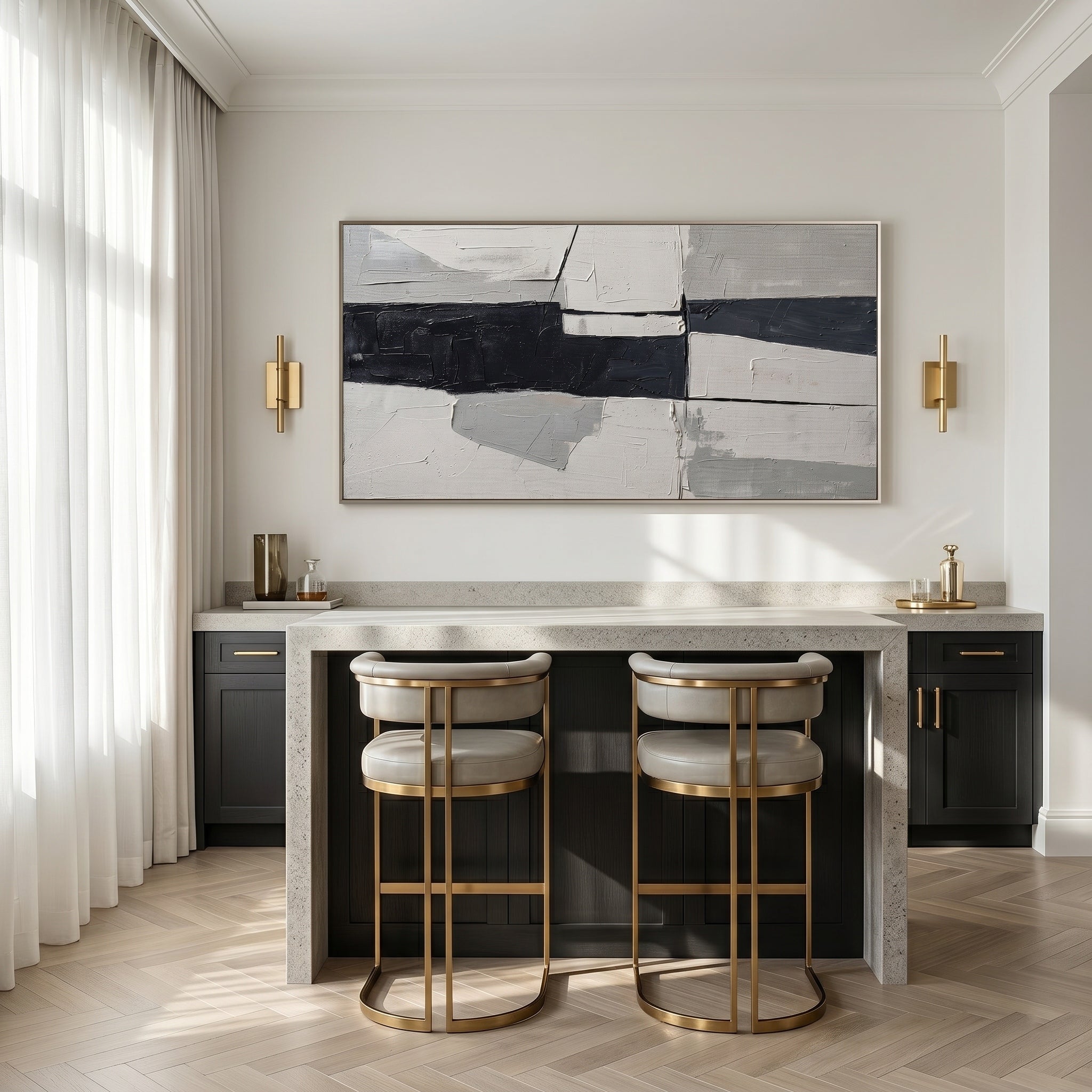 Geometric Edge – Modern Minimalist Black & White Abstract Oil Painting | Structural Color Block Office Art