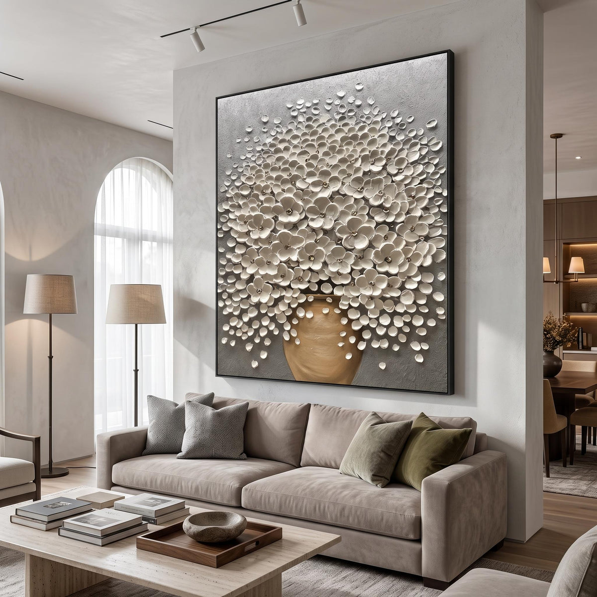 Pearl Canopy Rising – White Blossom Tree Painting | Textured Vertical Wall Art