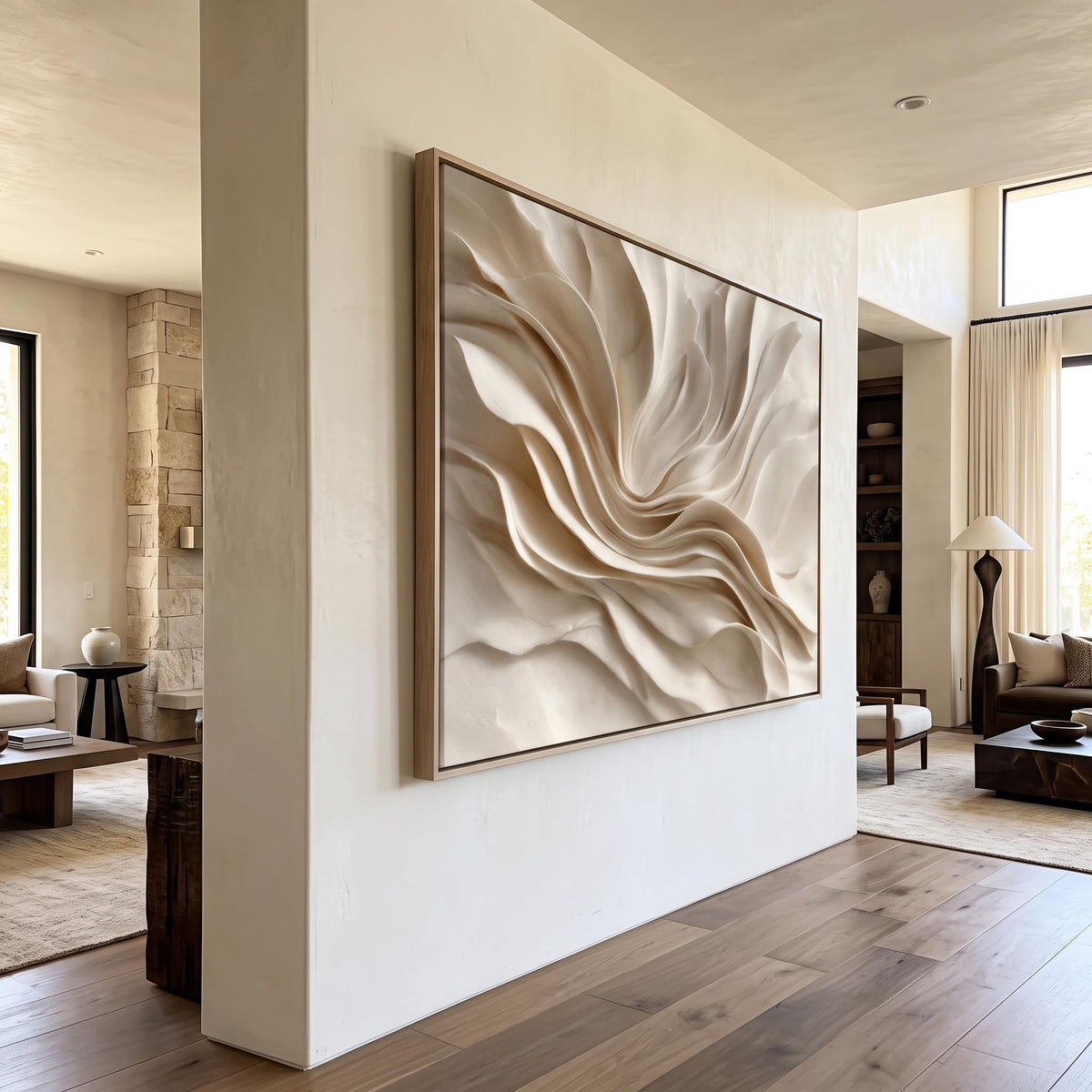 Ivory Folds in Bloom – Cream Sculptural Abstract Painting | Textured Horizontal Wall Art
