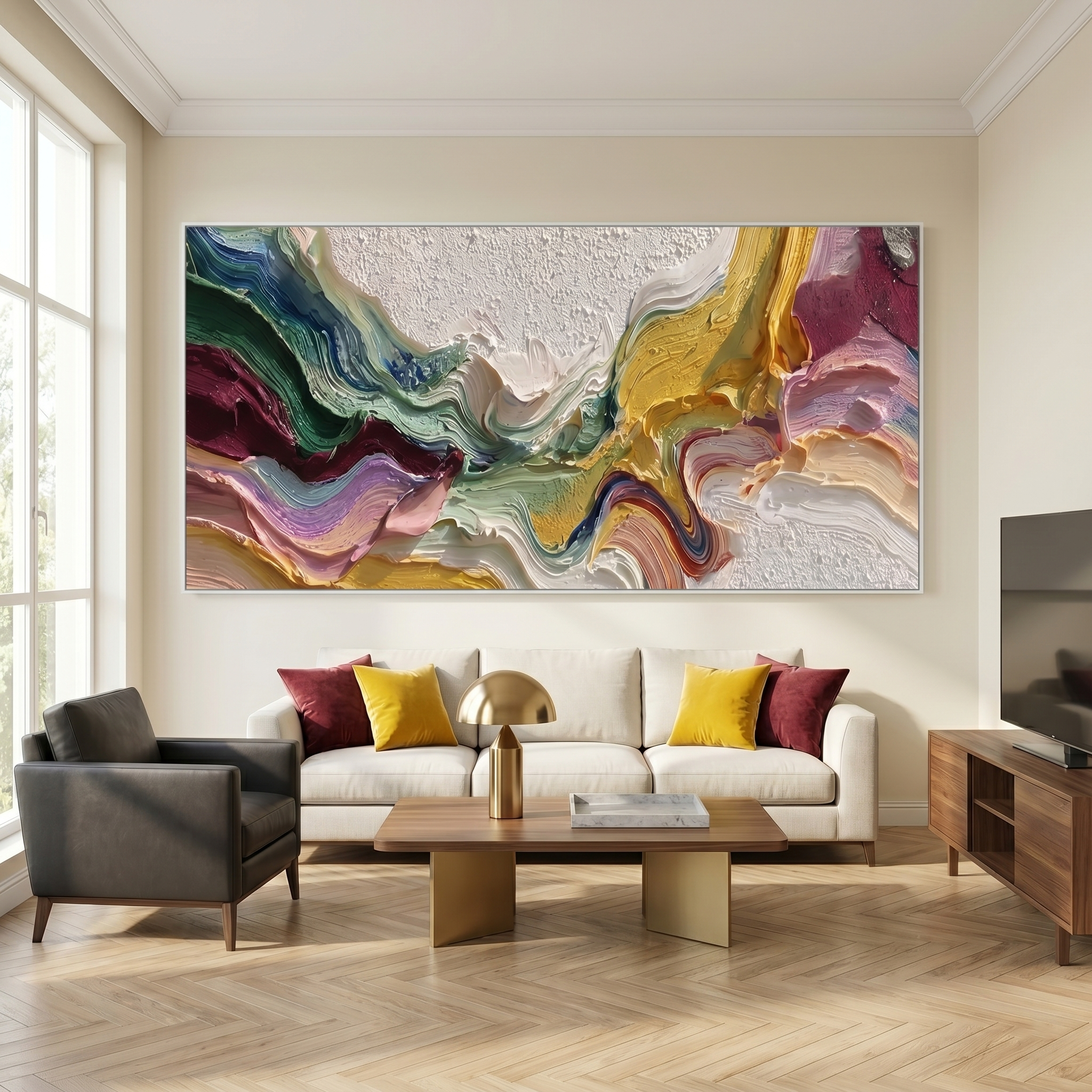 Chromatic Echo – Modern Impasto Heavy Texture Abstract Painting | Bohemian Horizontal Living Room Art