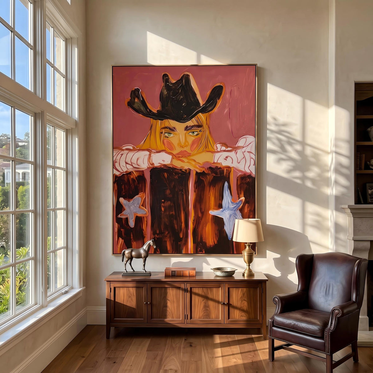 Cowboy Leans Through Sunset – Pop Art Western Figure Painting | Warm Red Vertical Wall Art