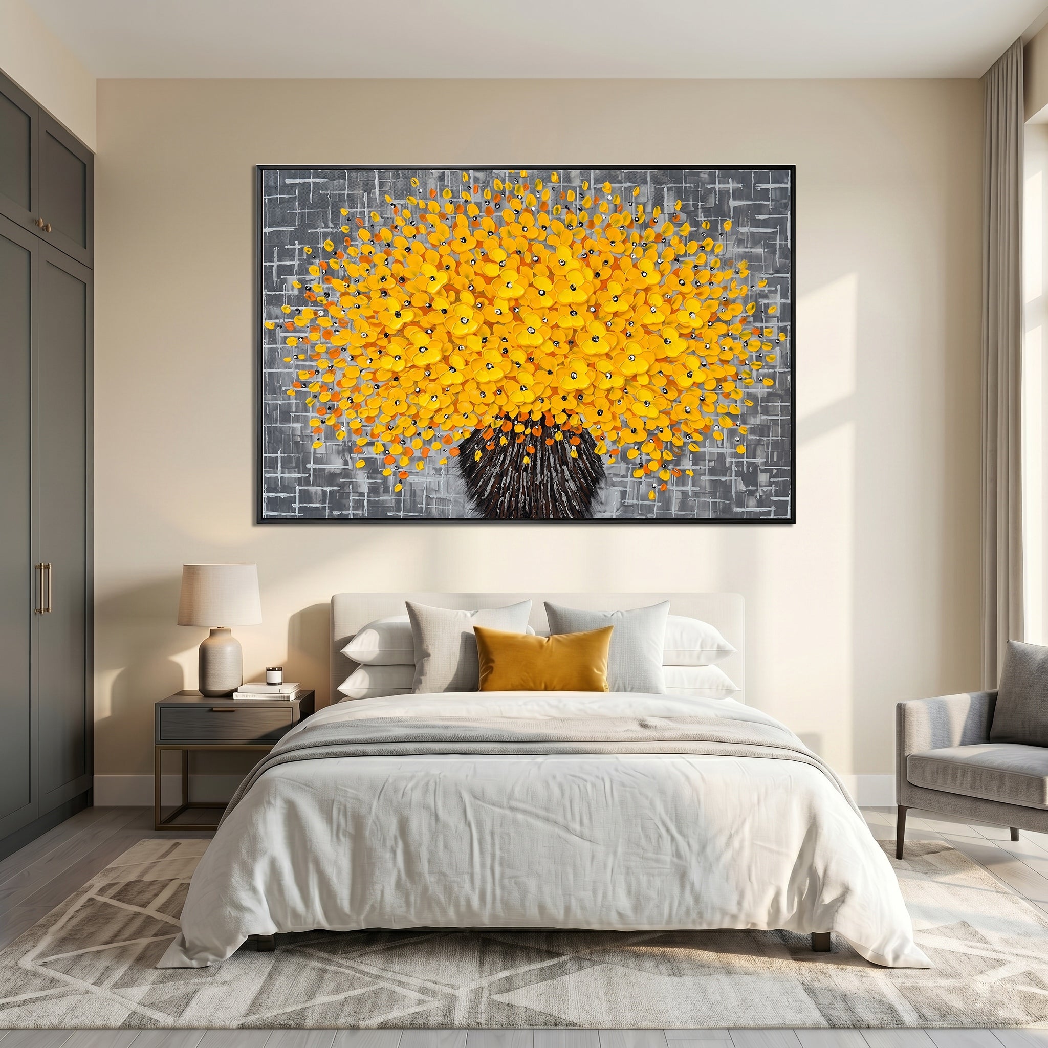 Golden Bloom – Grey & Yellow Impasto Abstract Floral Oil Painting | Modern Luxury Living Room Art