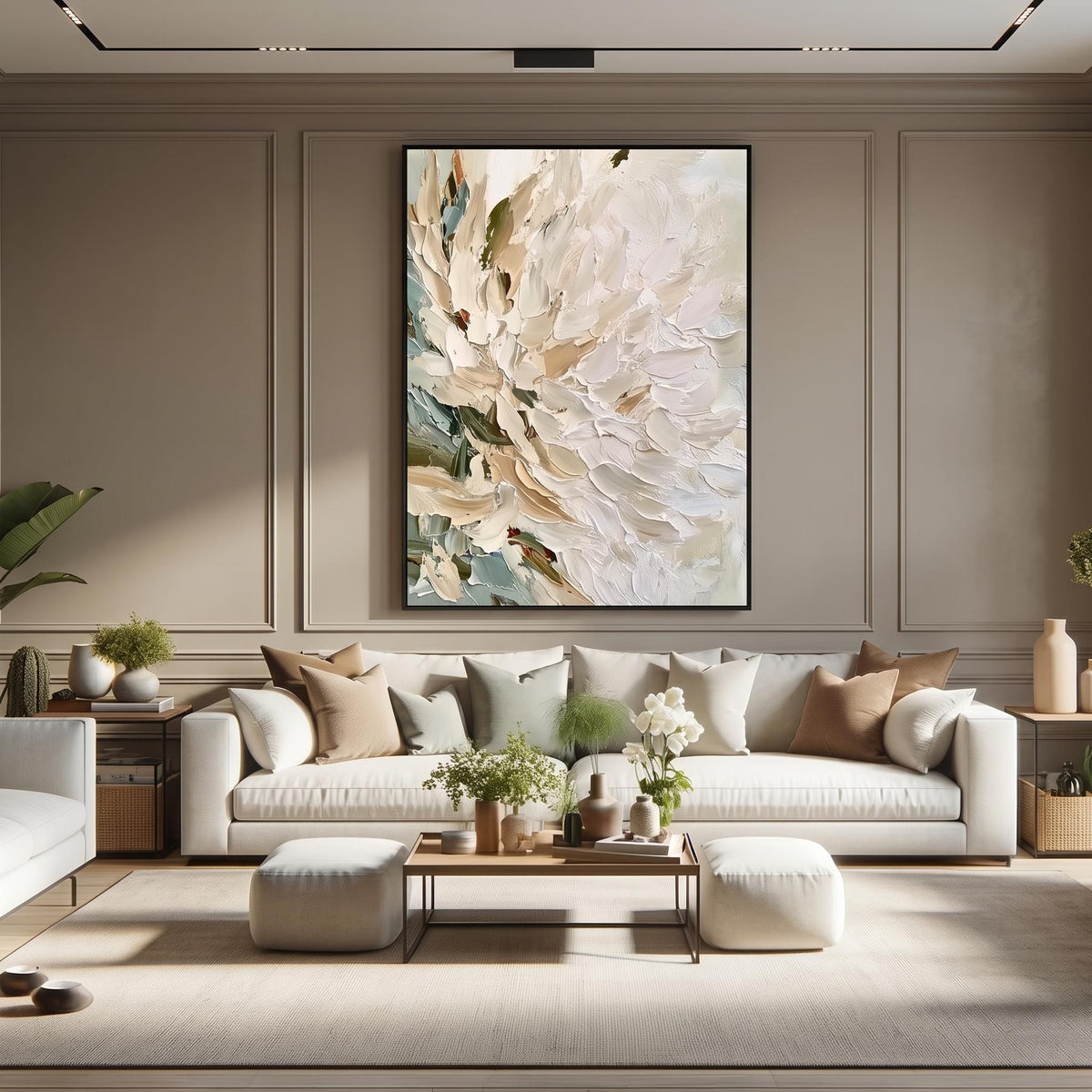 White Petals Catch Light – White Floral Painting | Textured Vertical Wall Art