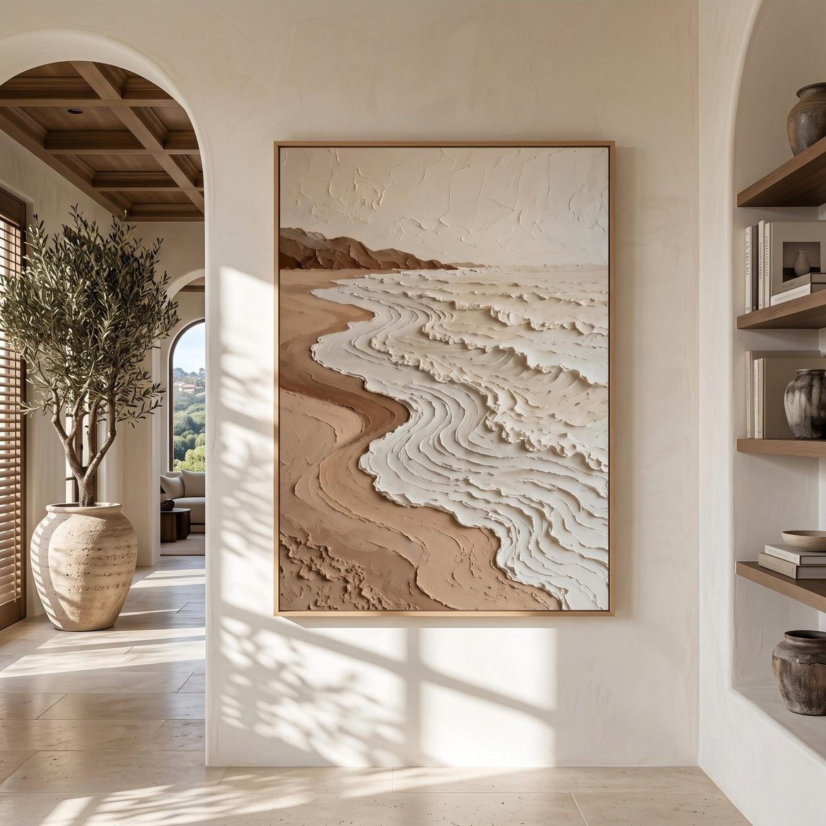 Shorelines Etched in Cream – Neutral Contour Abstract Painting | Textured Vertical Wall Art