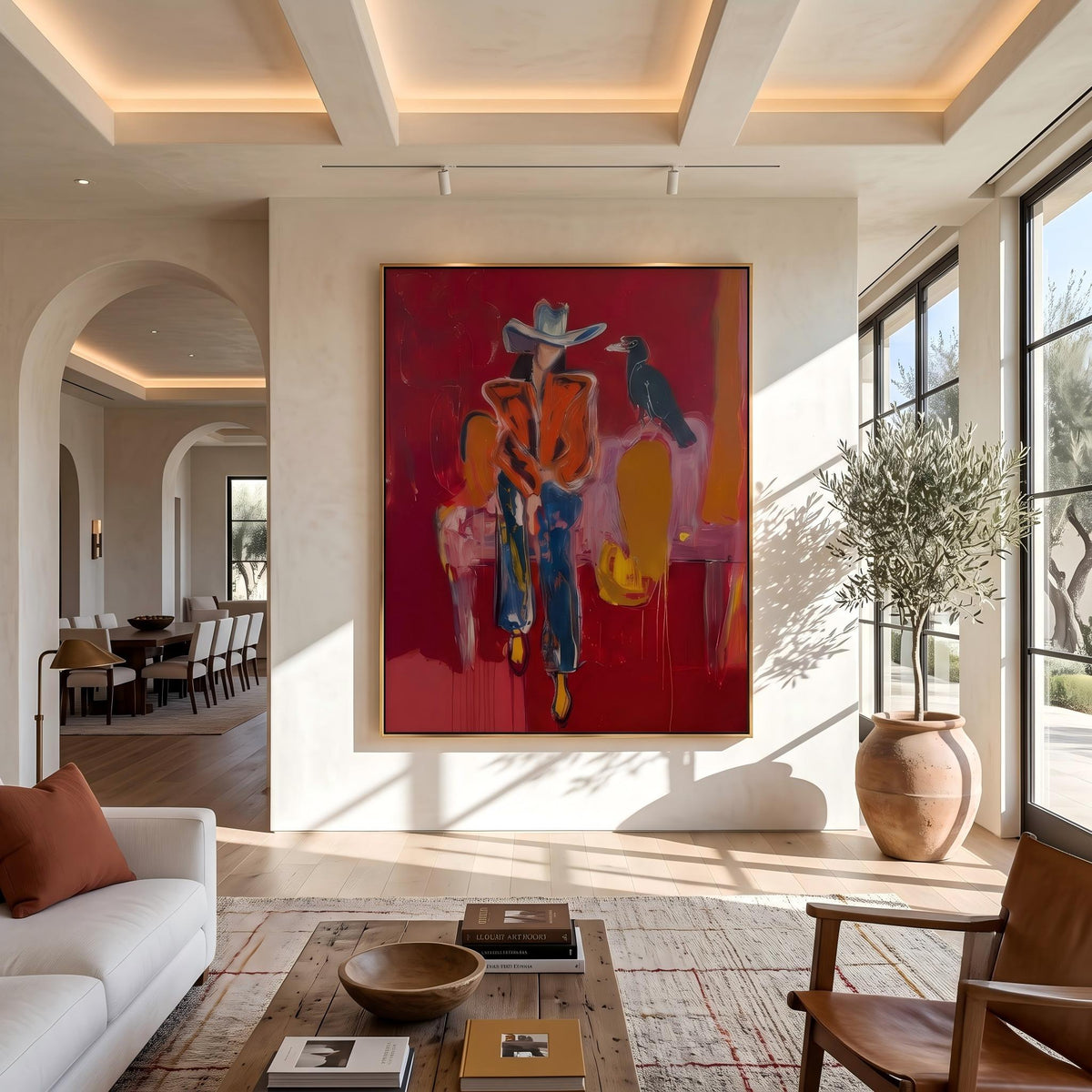 Crow Watches Scarlet Riders – Pop Art Western Figures Painting | Bold Red Vertical Wall Art