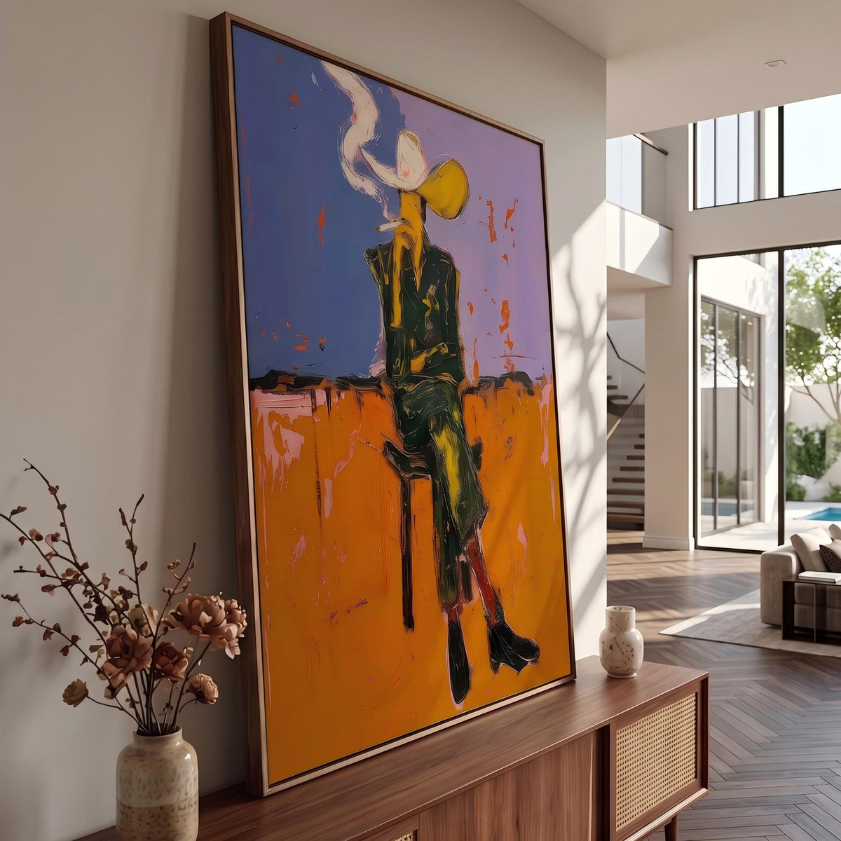 Smoke Rises Past Spurs – Pop Art Smoking Cowboy Painting | Bold Orange Vertical Wall Art