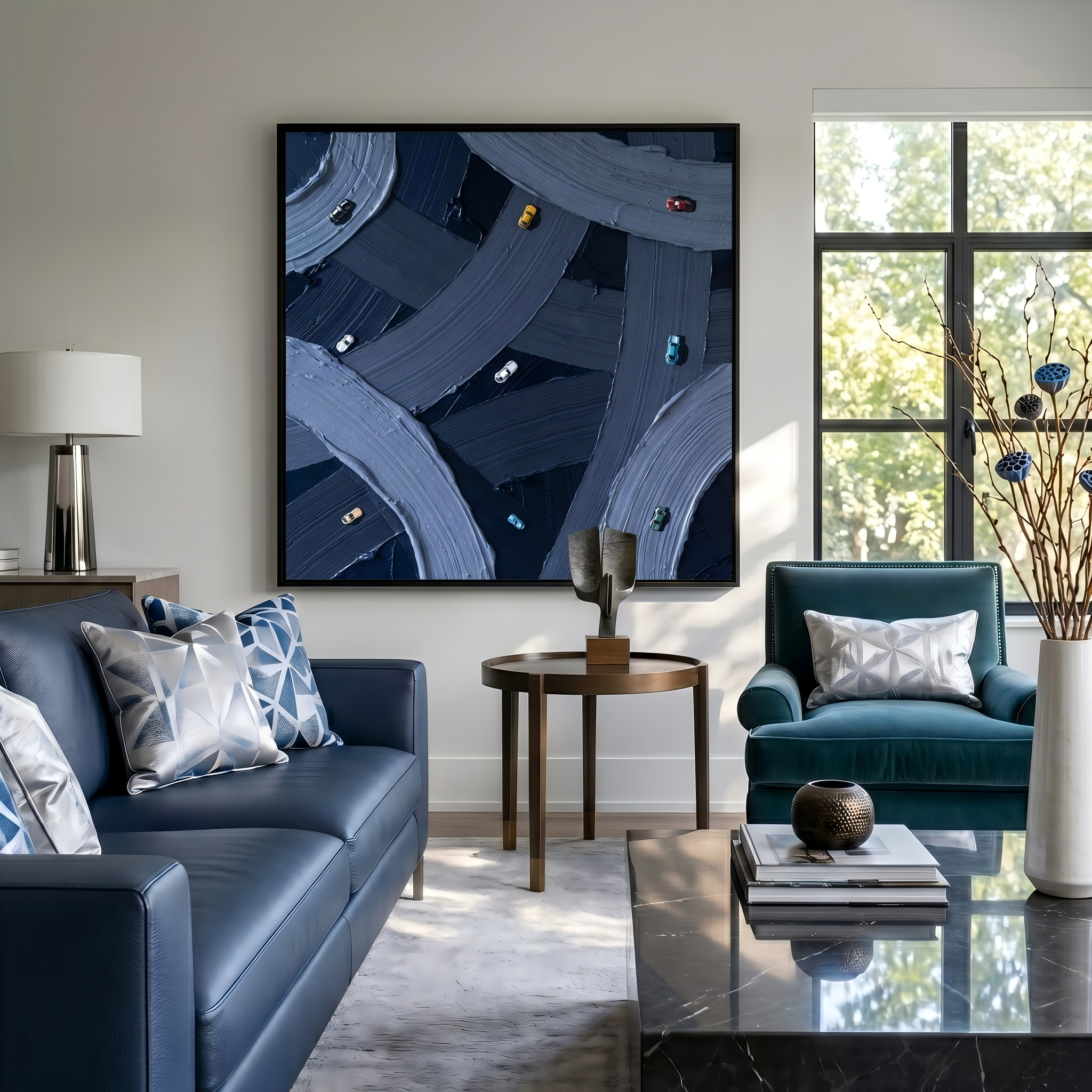 Urban Pulse – Impasto Highway Miniature Car Abstract Canvas | Modern Industrial Office Wall Art
