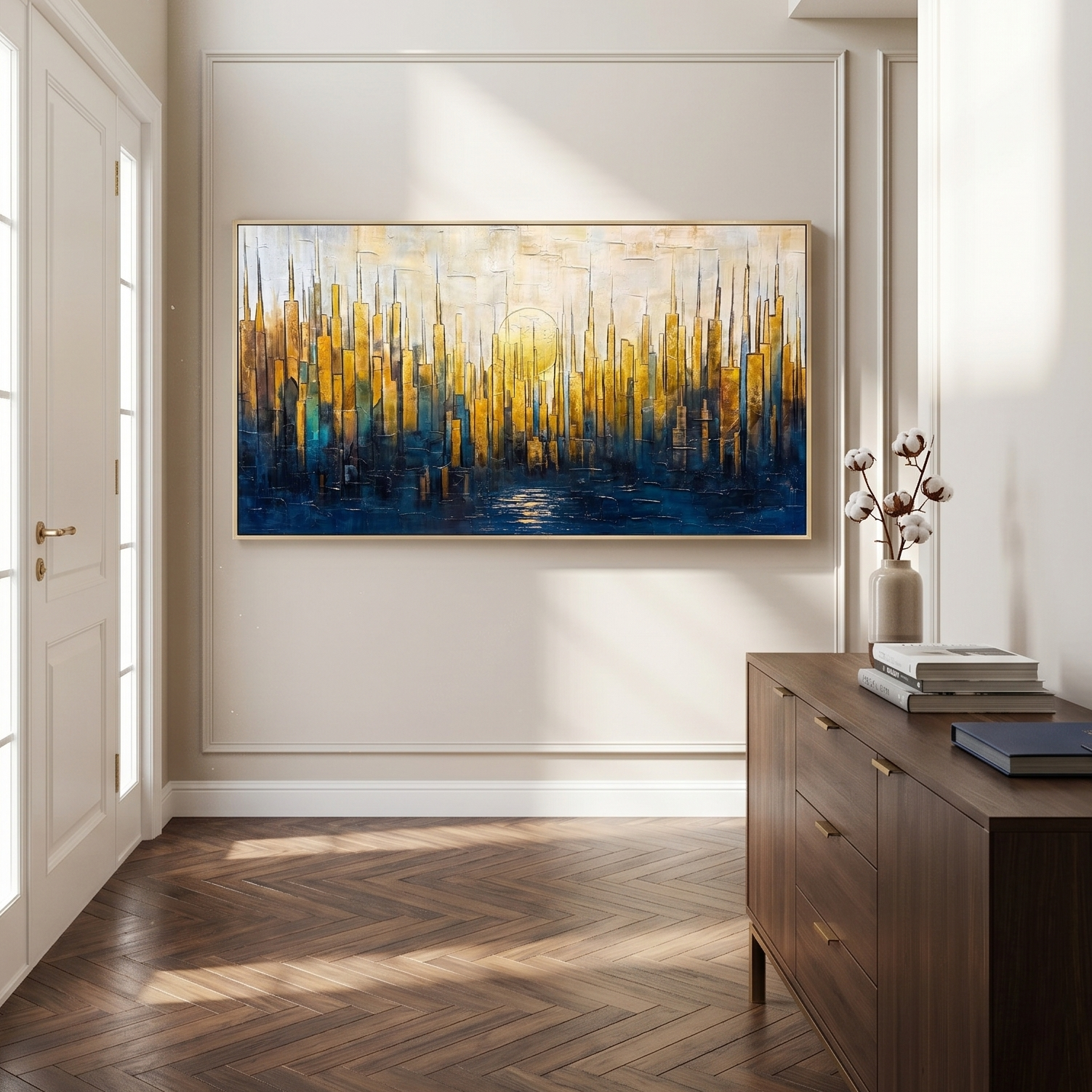 Golden Metropolis – Modern Abstract Gold and Blue Impasto Cityscape | Luxury Living Room Wall Art