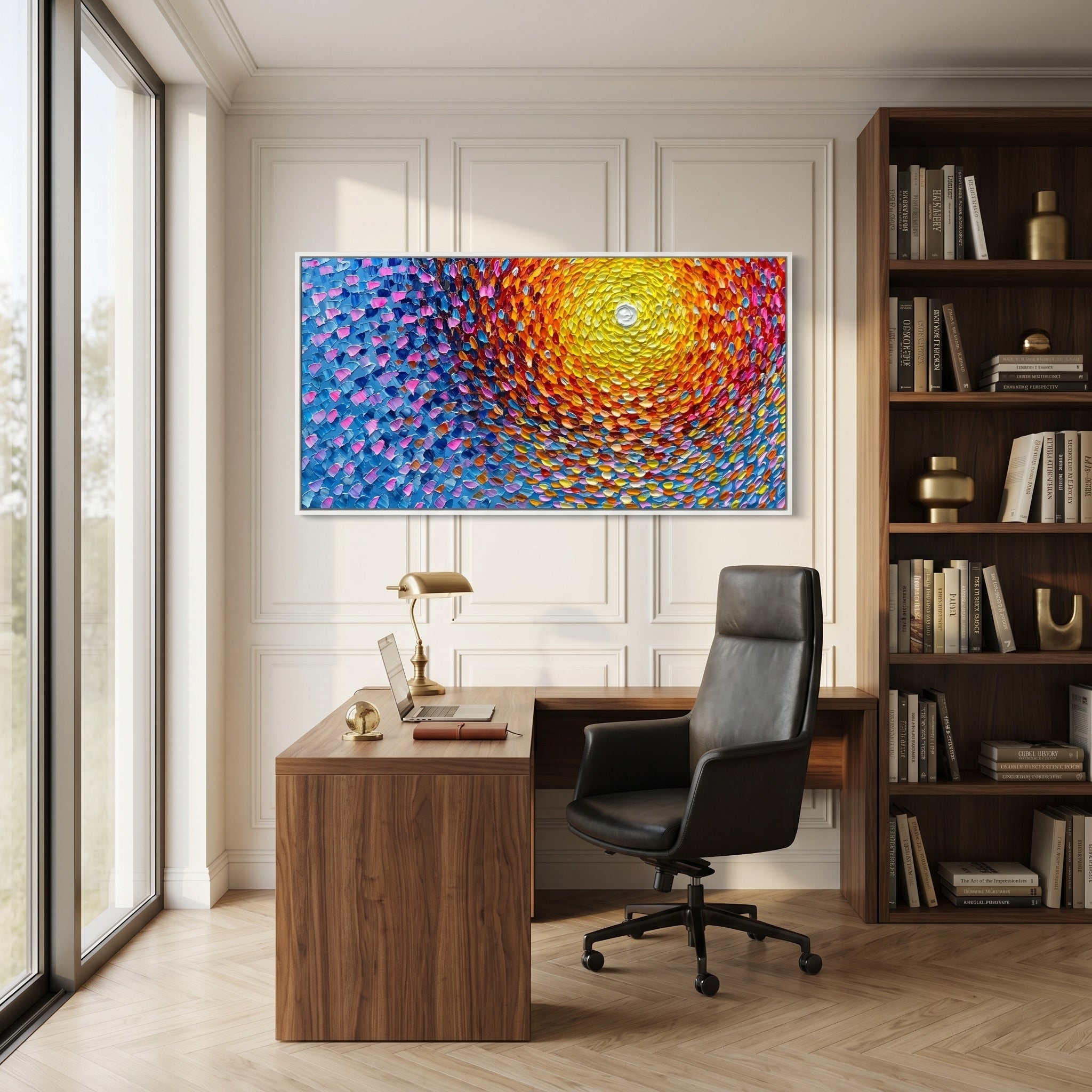Light of Dawn – Abstract Pointillism Impasto Sunrise | Modern Warm-Cool Contrast Living Room Art