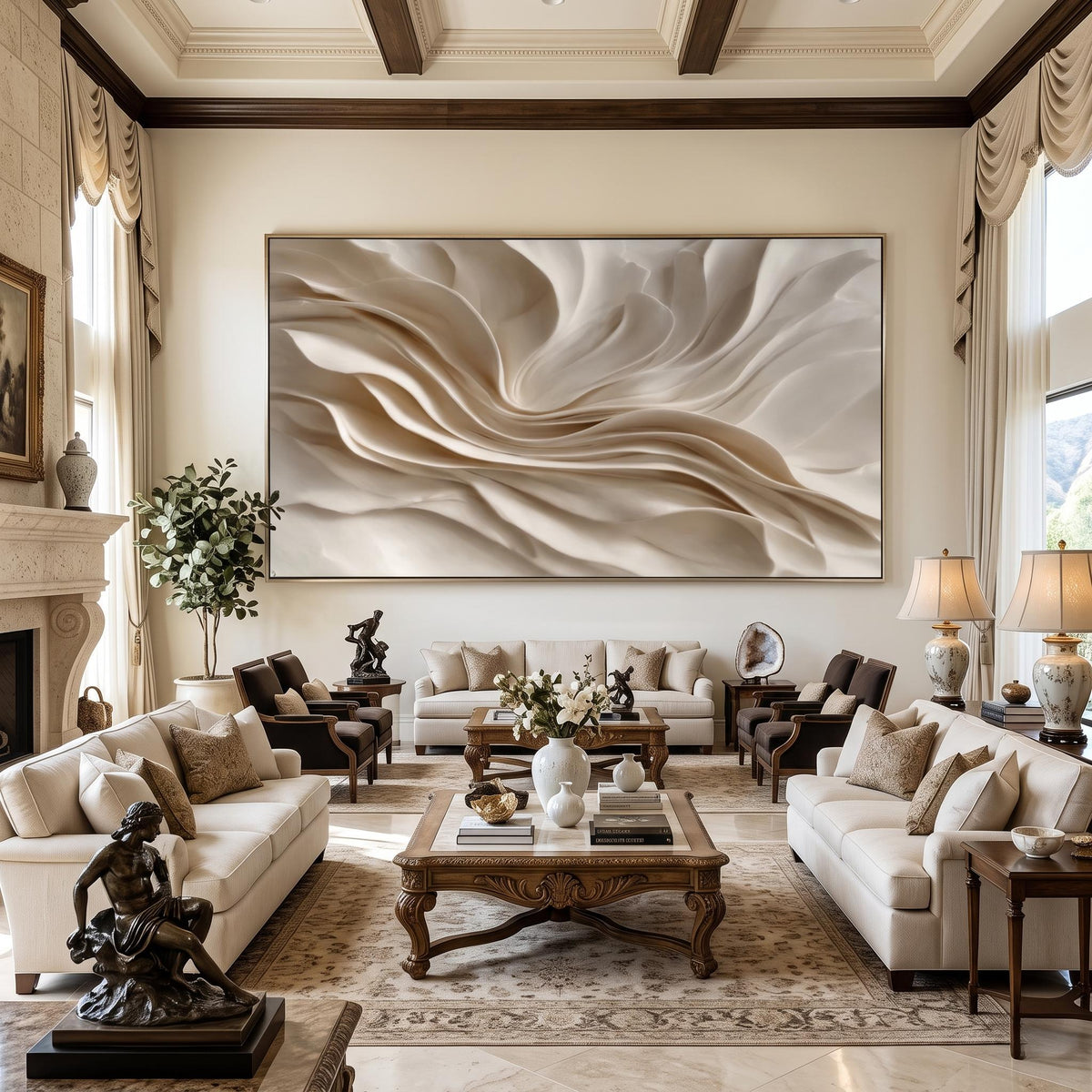 Ivory Folds in Bloom – Cream Sculptural Abstract Painting | Textured Horizontal Wall Art